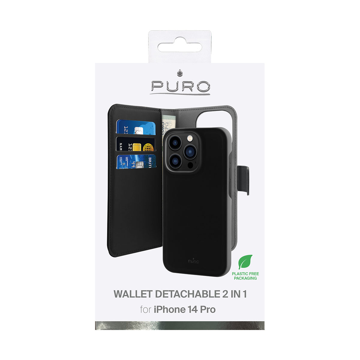 Custodia a portafoglio per telefono nera con scomparti per carte, aperta per mostrare carte e telefono.