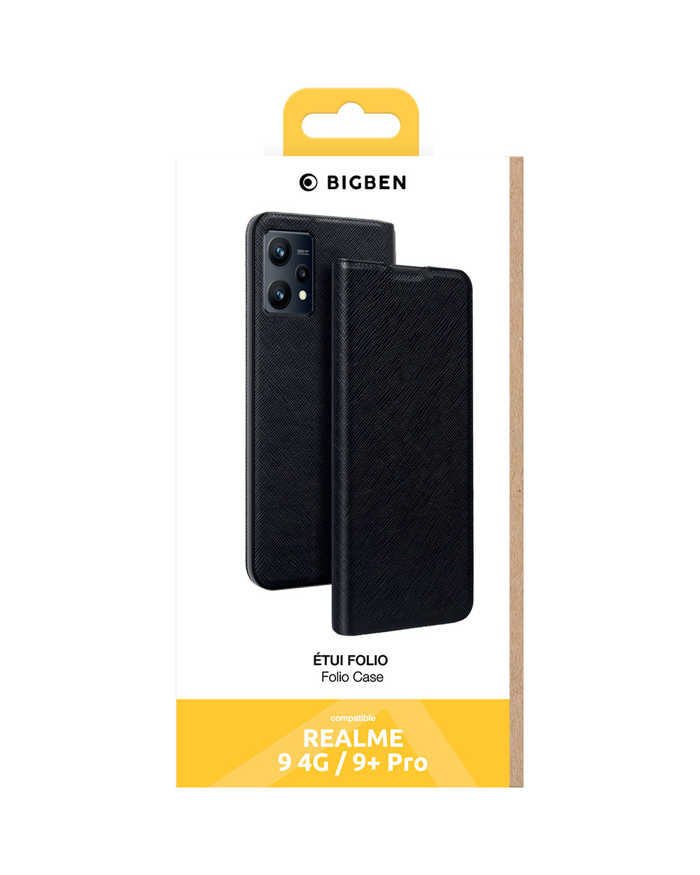 Custodia per telefono nera con telefono all'interno e la scatola. La custodia è per un Realme 9 4G / 9+ Pro.