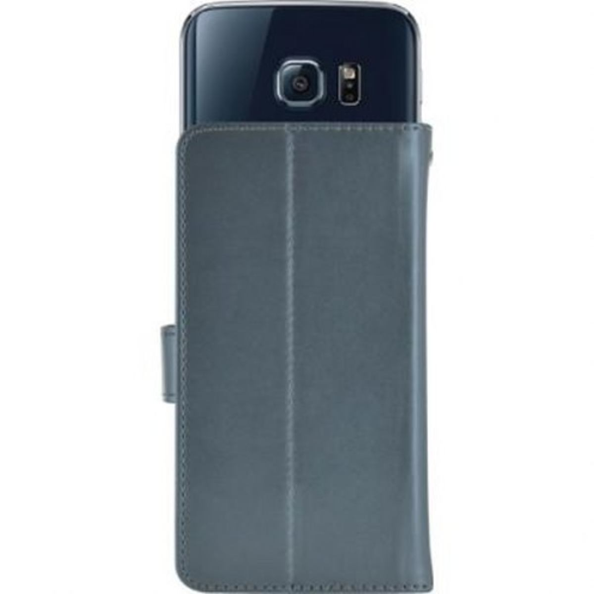 Una custodia grigia per telefono. Contiene un telefono e ha una chiusura magnetica.