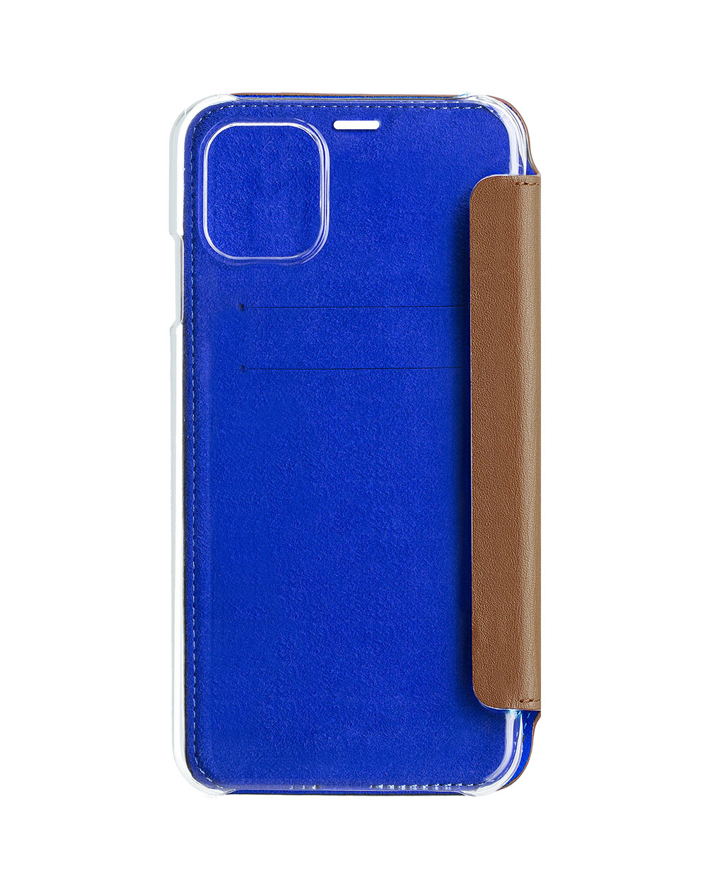 Custodia blu per telefono con scomparti per carte, patta marrone e telefono all'interno.