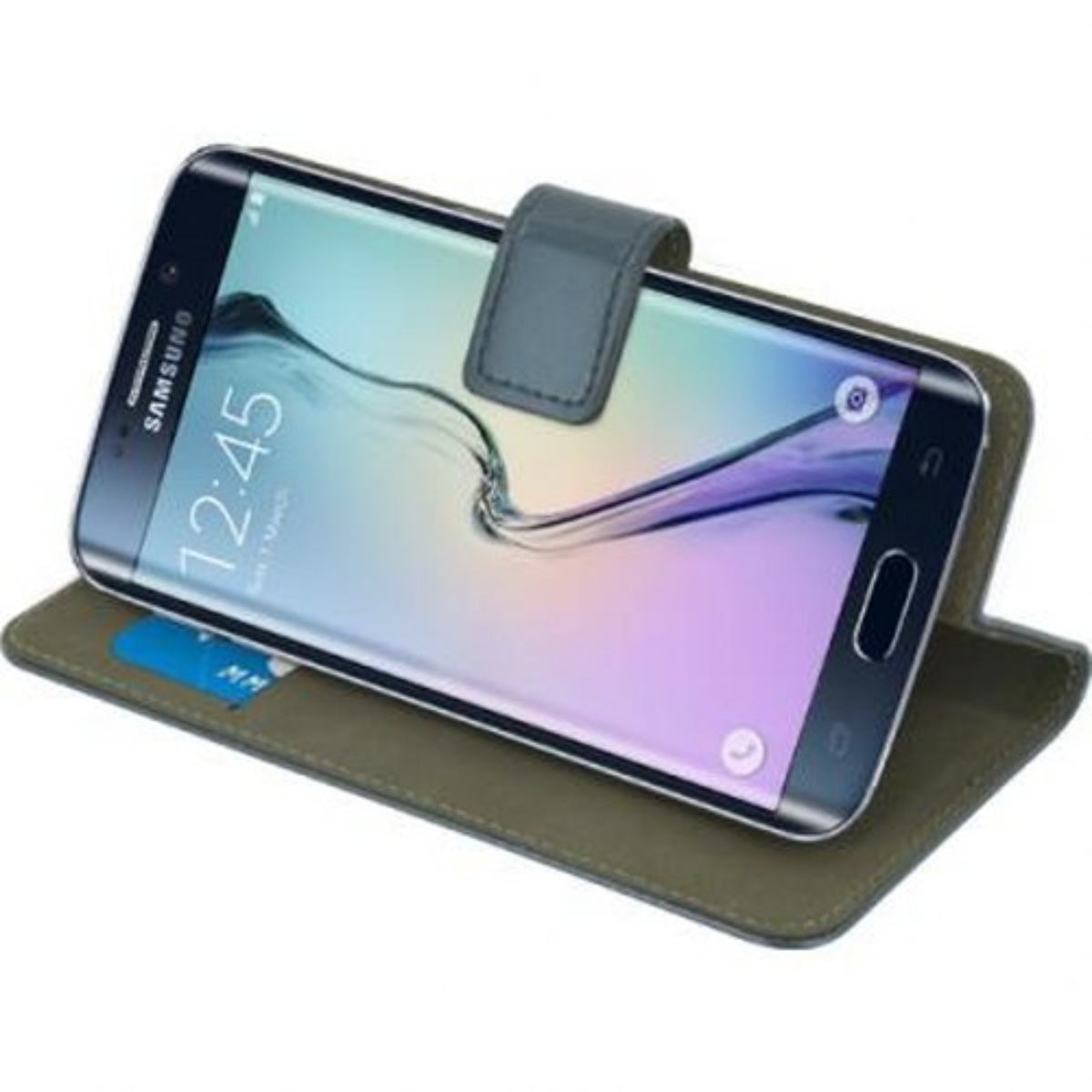 Un telefono Samsung in una custodia a portafoglio verde con un display che mostra le 12:45.