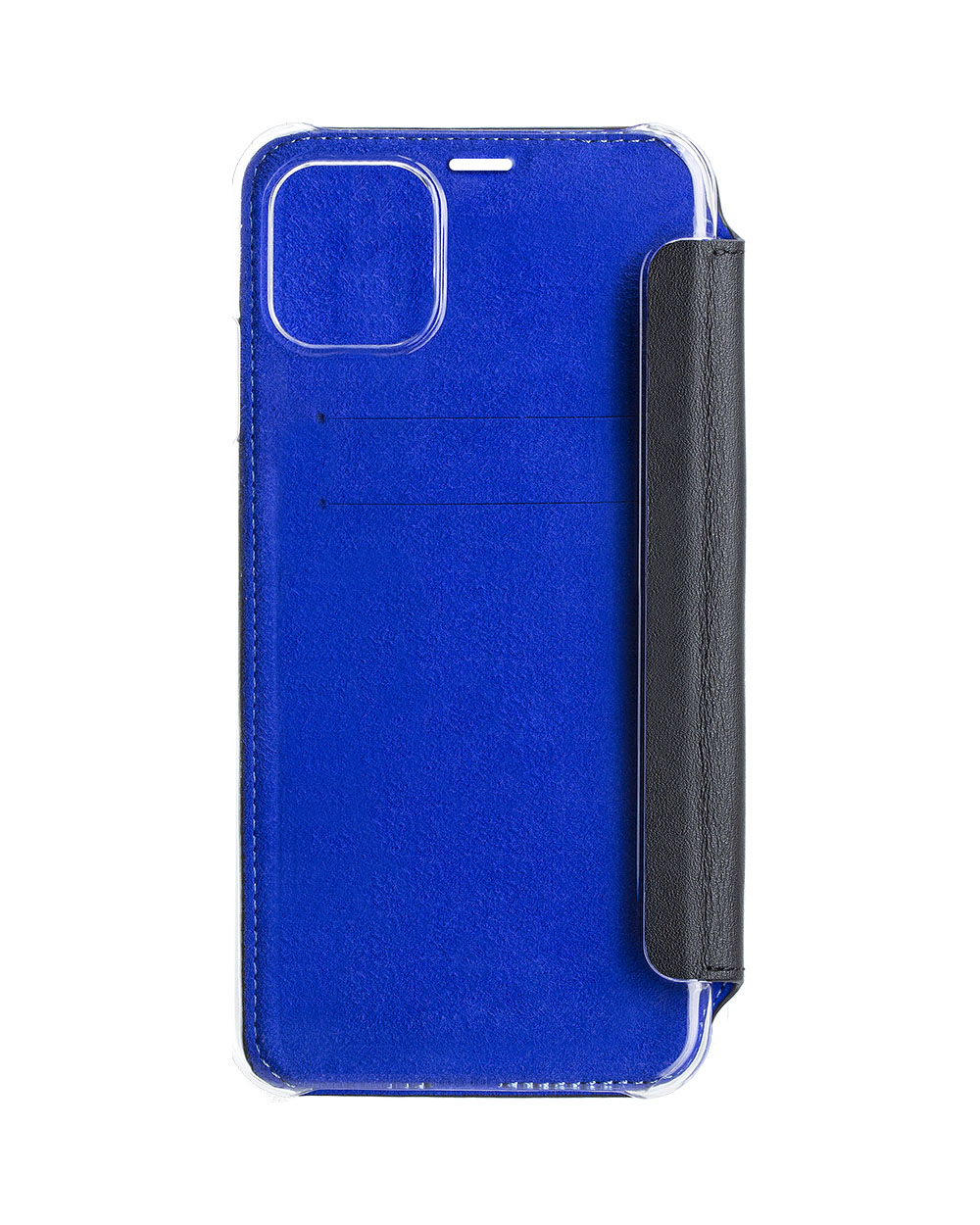 Custodia blu per telefono aperta, che rivela un telefono. Dorso nero, sfondo bianco.