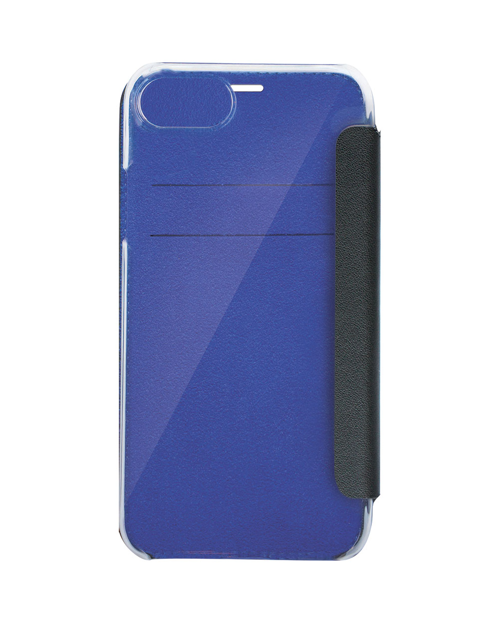 Custodia blu per telefono con guscio esterno trasparente.