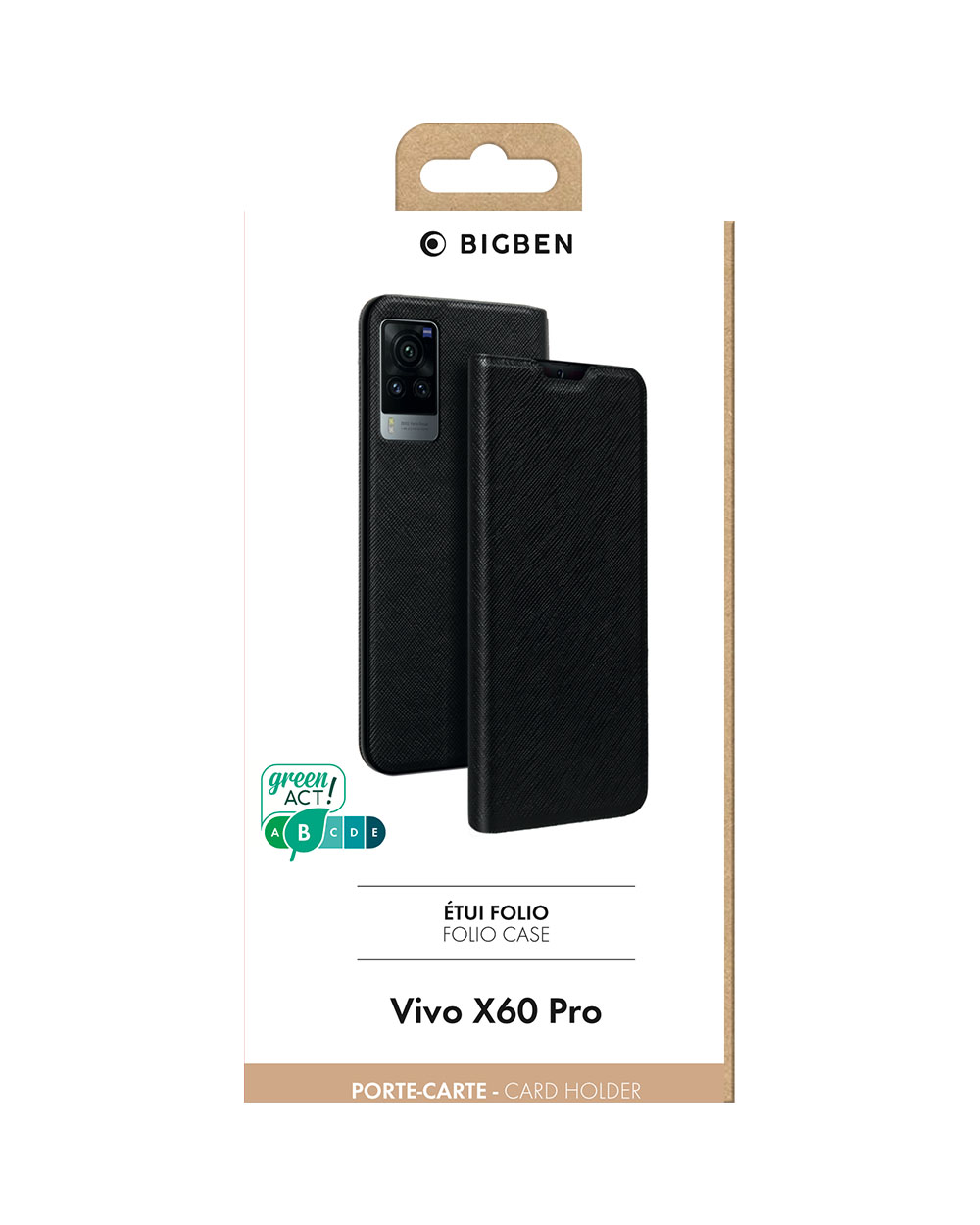 Custodia a libro nera per un telefono Vivo X60 Pro, confezionata in una scatola bianca.
