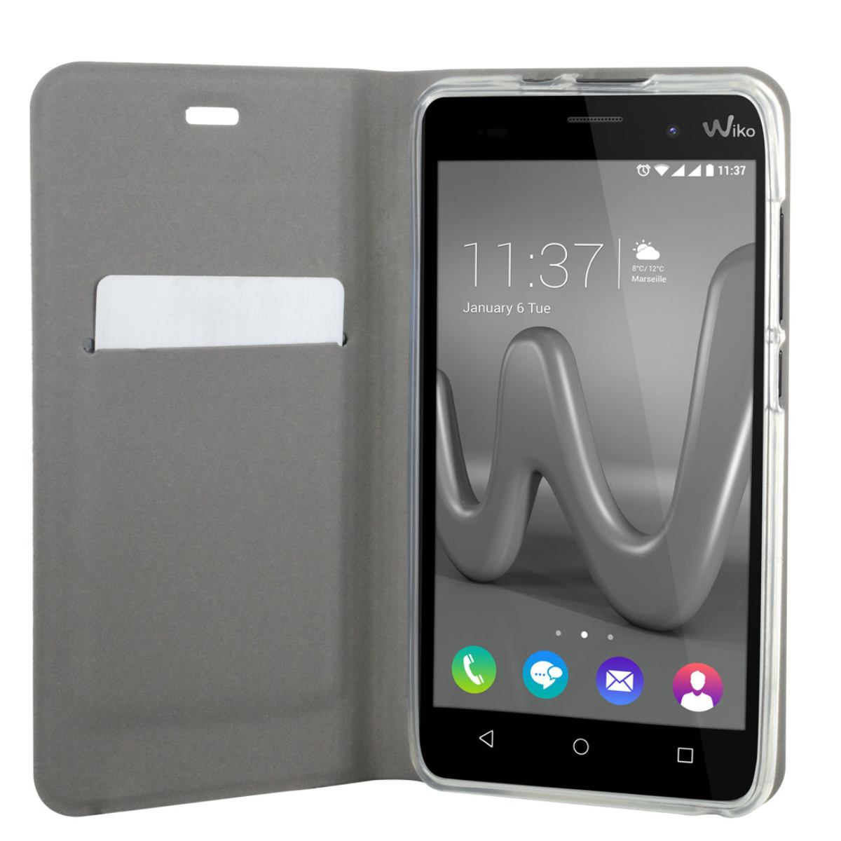 Custodia grigia per telefono Wiko aperta, che mostra il telefono. Uno slot per schede è visibile sul lato sinistro.