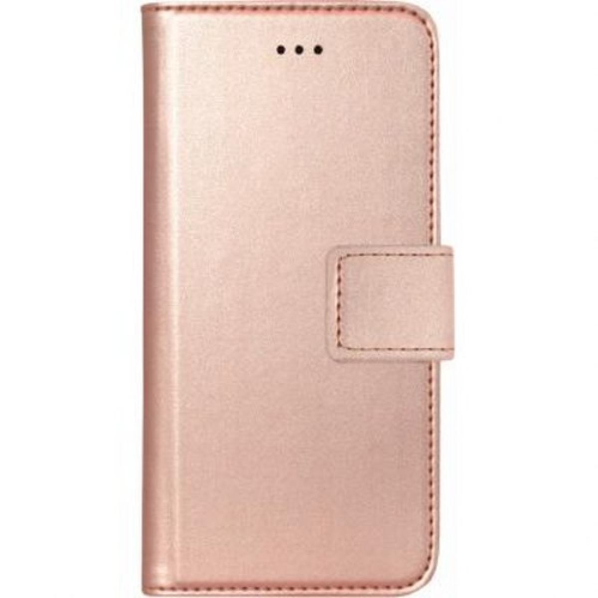 Custodia per telefono oro rosa, chiusa, con tre punti e chiusura magnetica.