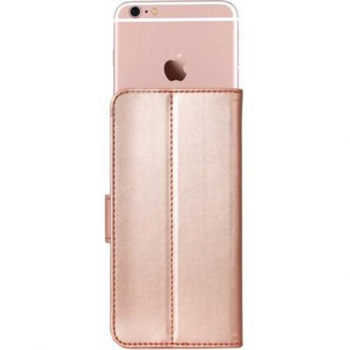 Telefono oro rosa in custodia oro rosa. Sfondo bianco.