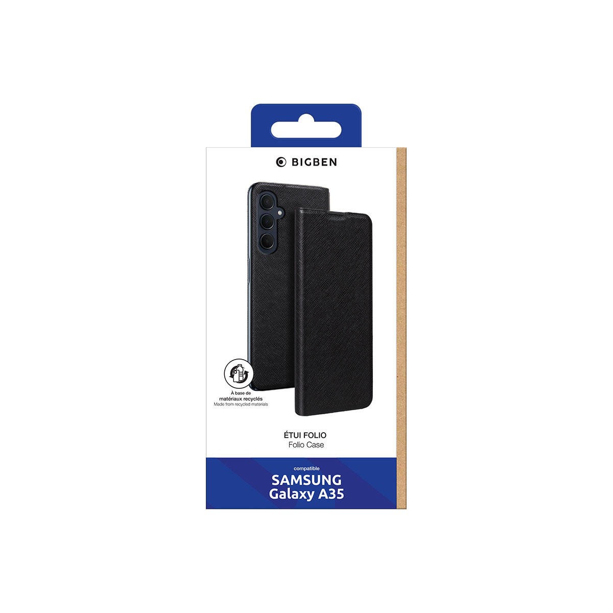 Custodia nera per telefono in confezione. Custodia chiusa, compatibile con Samsung Galaxy A35.