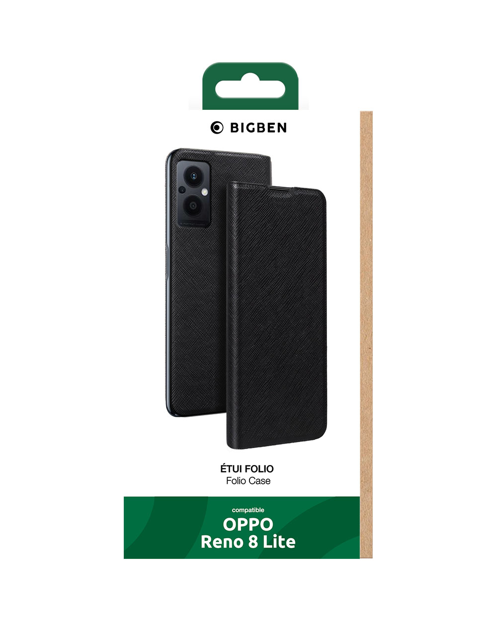 Custodia per telefono nera nella confezione. Due custodie mostrate. Marchio BIGBEN. Compatibile con OPPO Reno 8 Lite.