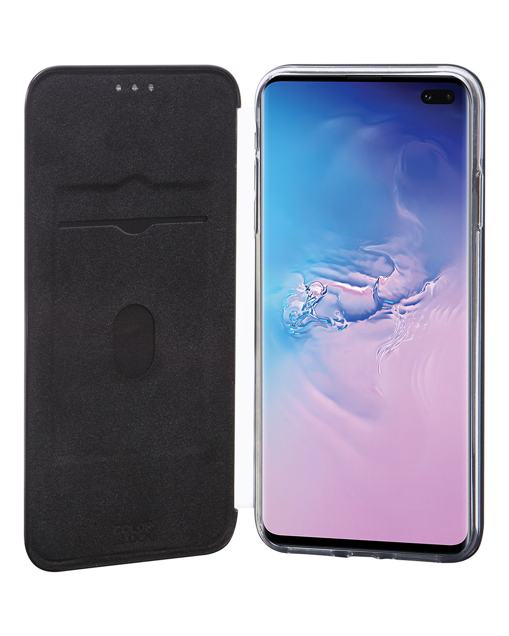 Custodia del telefono aperta con un telefono dentro. La custodia è nera con fessura per carte. Il telefono ha uno schermo blu.