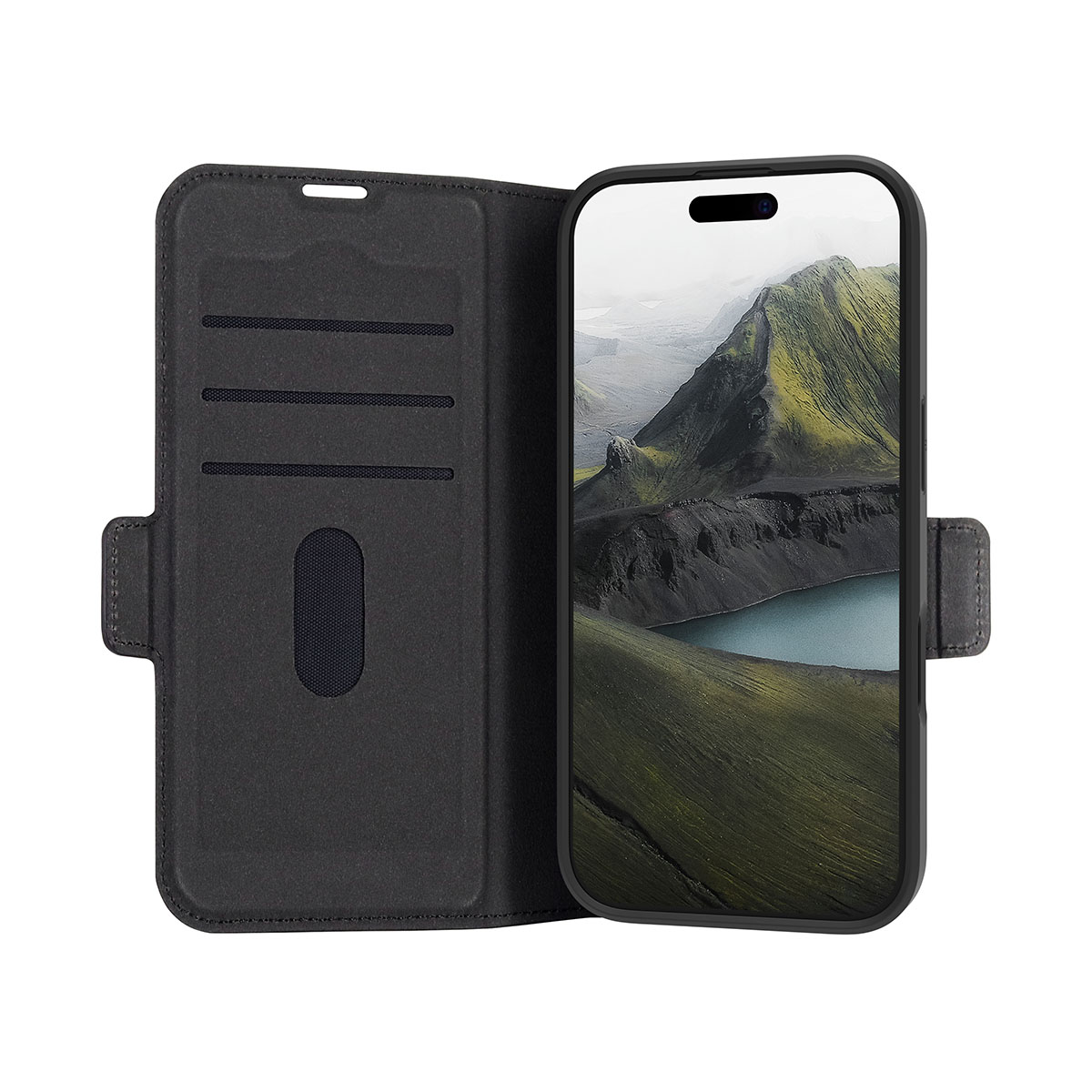 Custodia per telefono nera aperta, con il telefono all'interno che mostra un paesaggio montano.