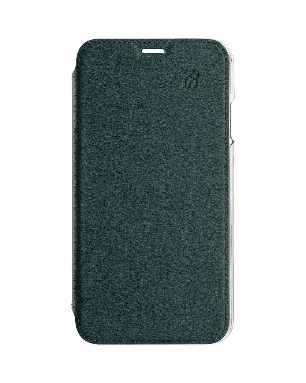 Custodia per telefono verde scuro, chiusa, con un piccolo logo, su sfondo bianco.