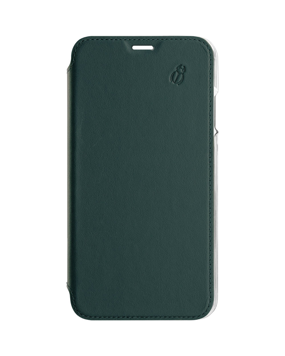 Custodia verde scuro, chiusa, con un piccolo logo sul davanti.