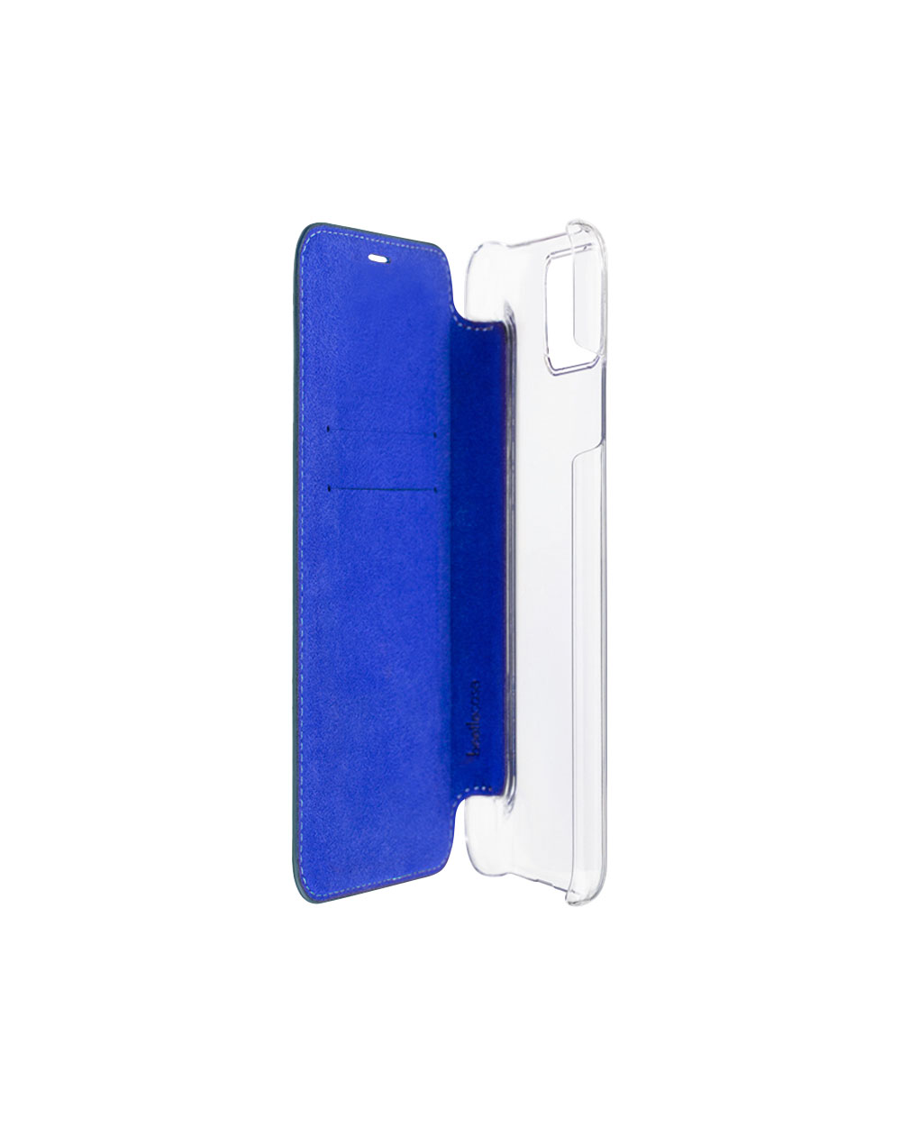 Custodia trasparente con interno in pelle blu.