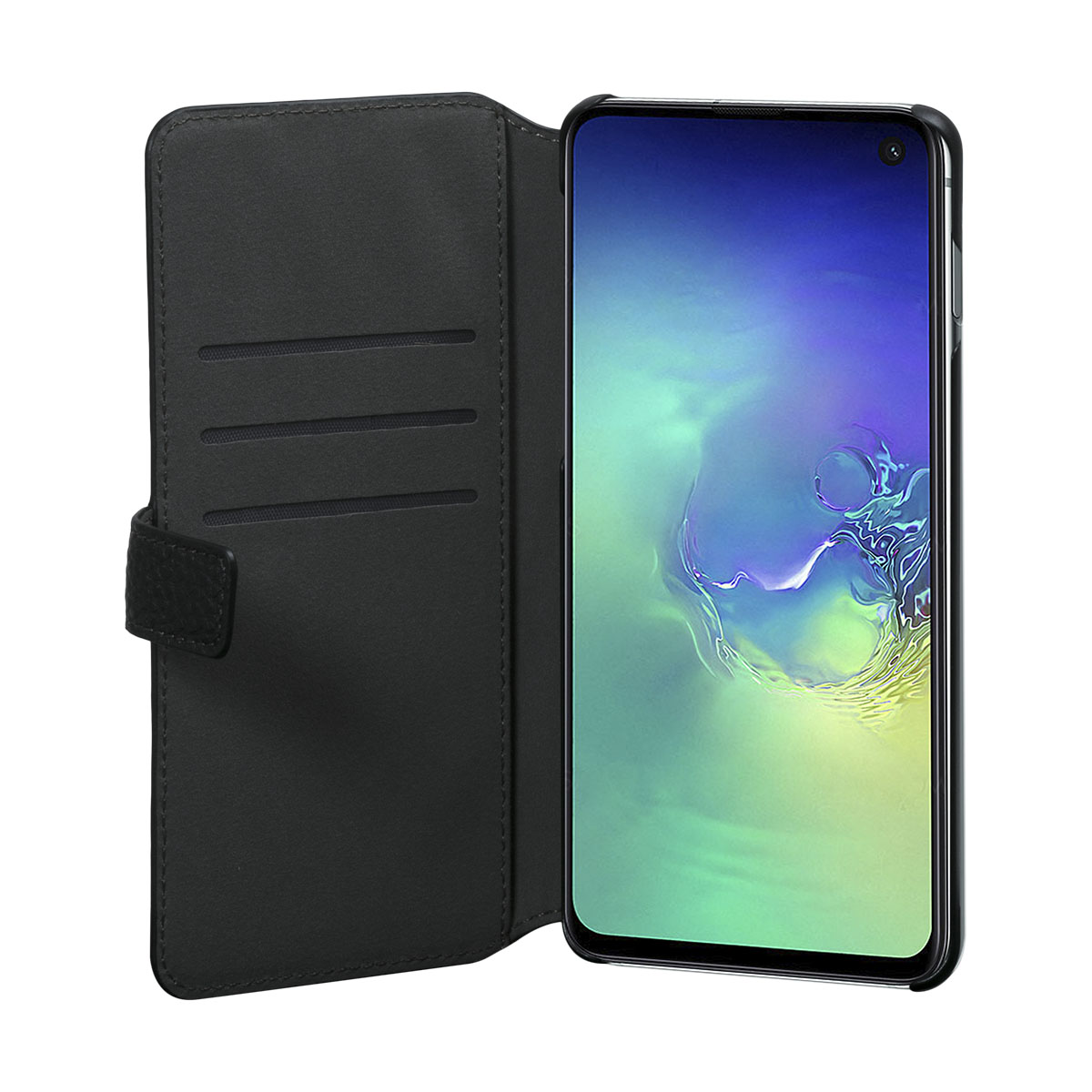 Eine schwarze Handyhülle ist geöffnet und zeigt einen Telefonbildschirm mit farbenfrohem Hintergrund.