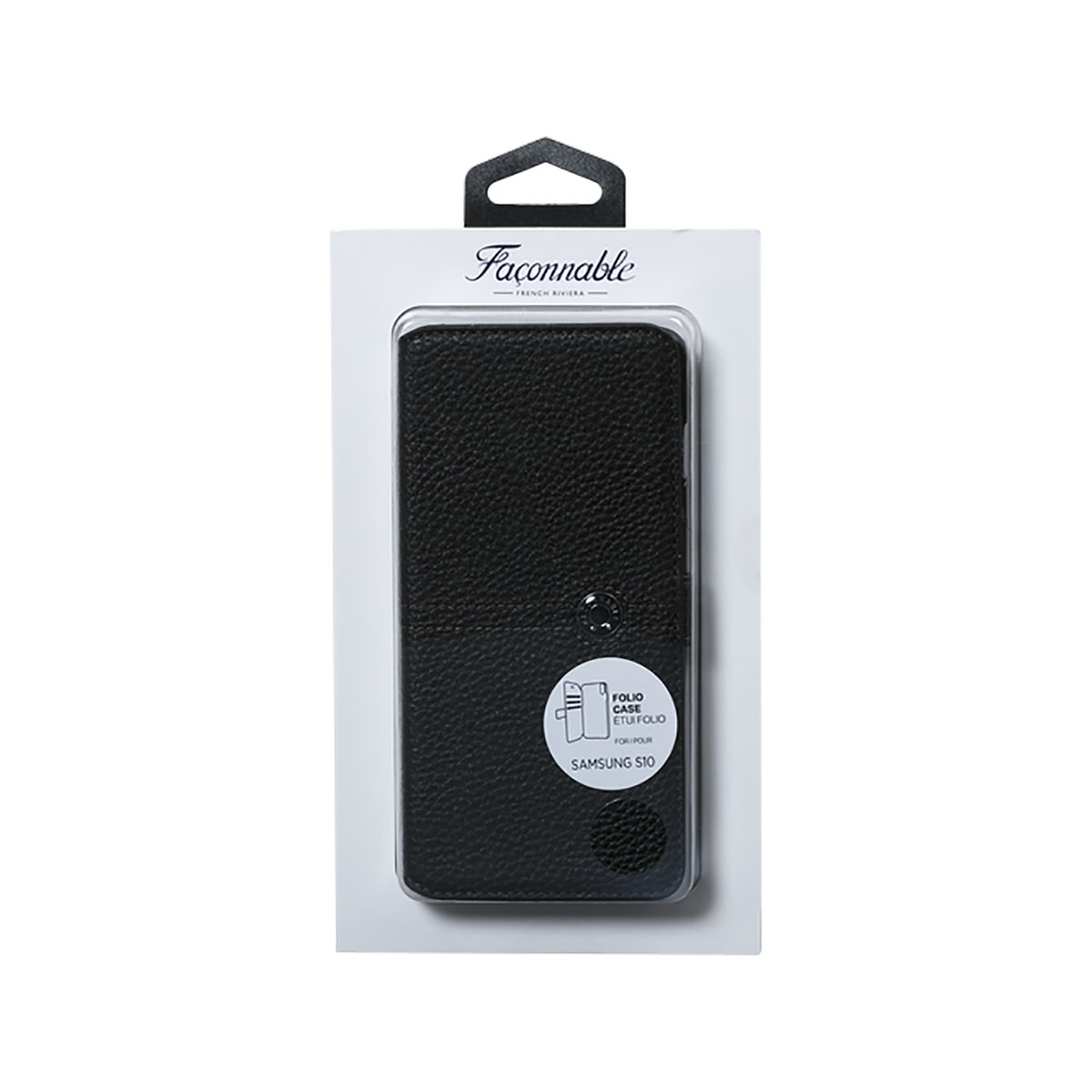 Schwarze Handyhülle in Verpackung. Weißer Hintergrund. Text: Folio Case für Samsung S10.