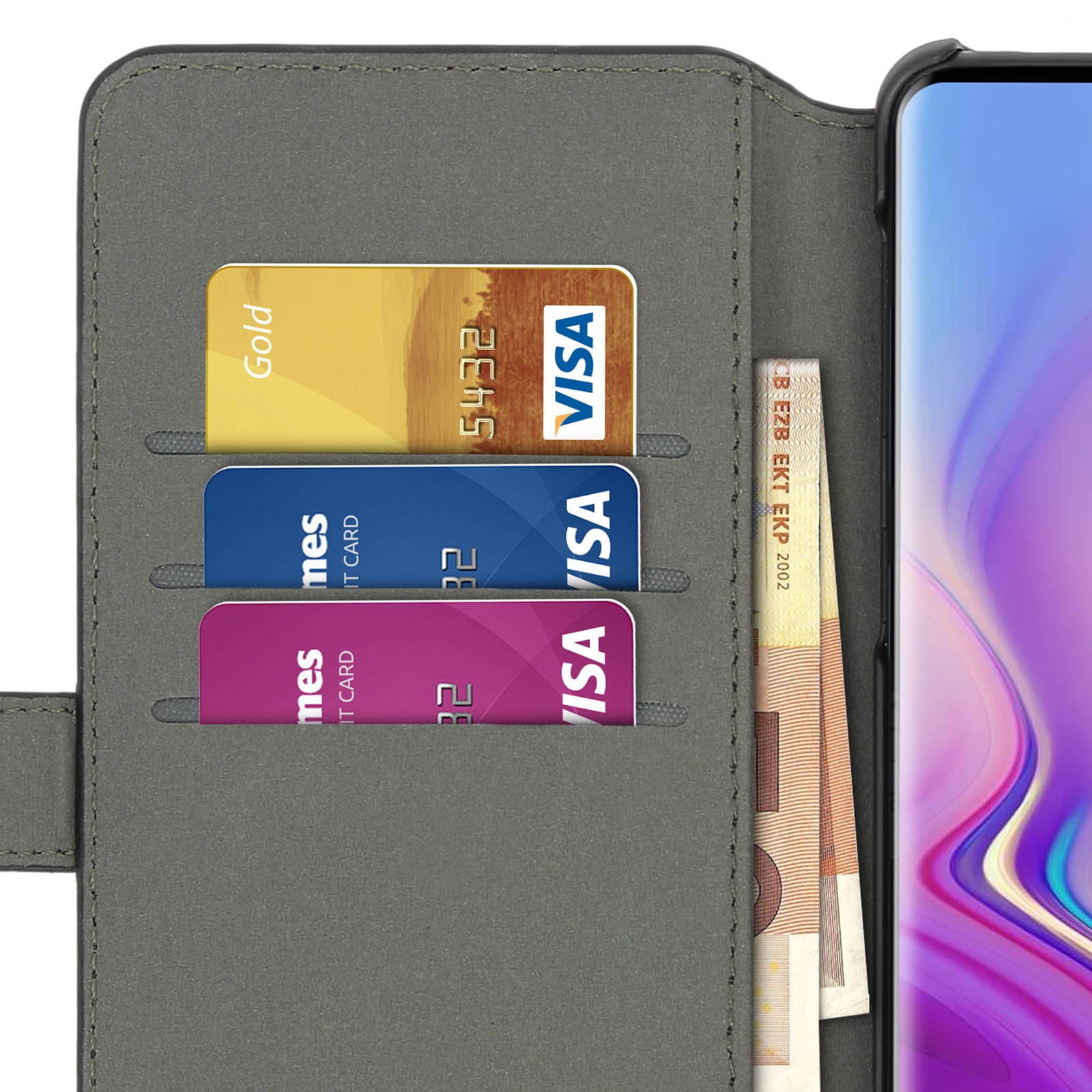 Graue Handyhülle mit Kreditkarten und Geld. Ein Handy ist teilweise sichtbar.