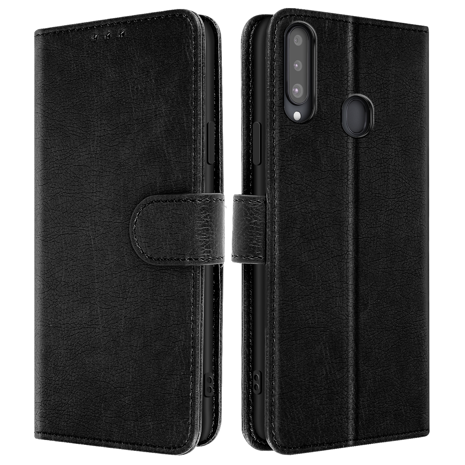 Custodia del telefono nera, chiusa e aperta, con smartphone, sfondo bianco.