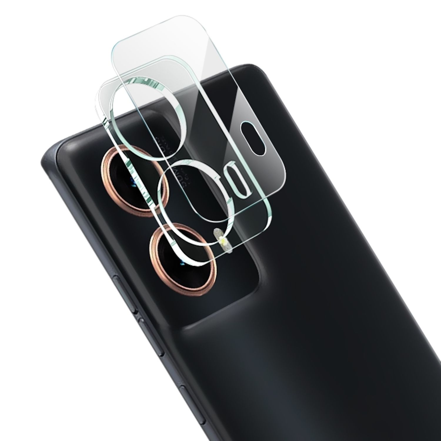 Ein Telefon mit Kameralinsen-Schutz und transparenten Linsen-Schutz oben drauf.