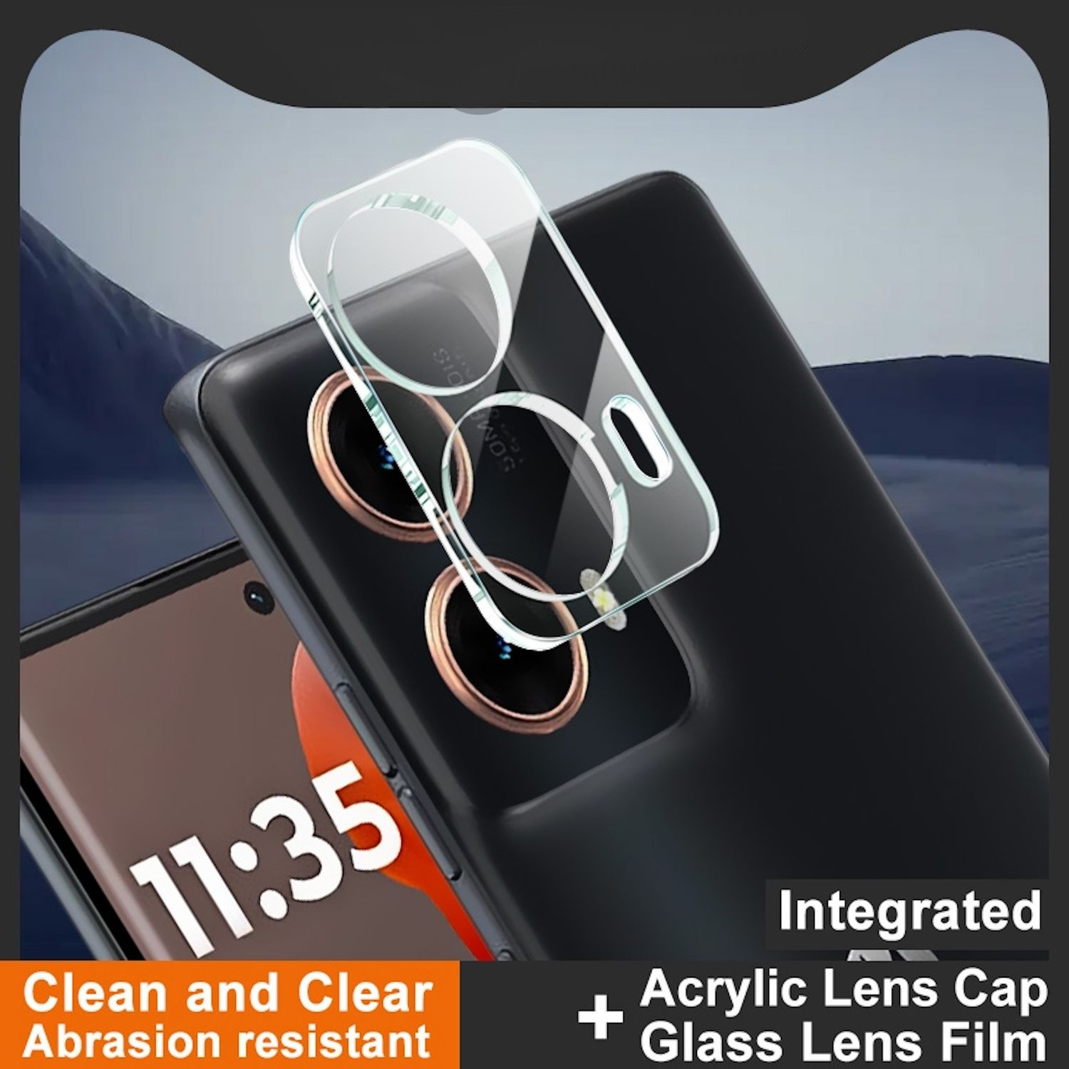Telefon mit Displayschutz über den Kameras und Text unten.