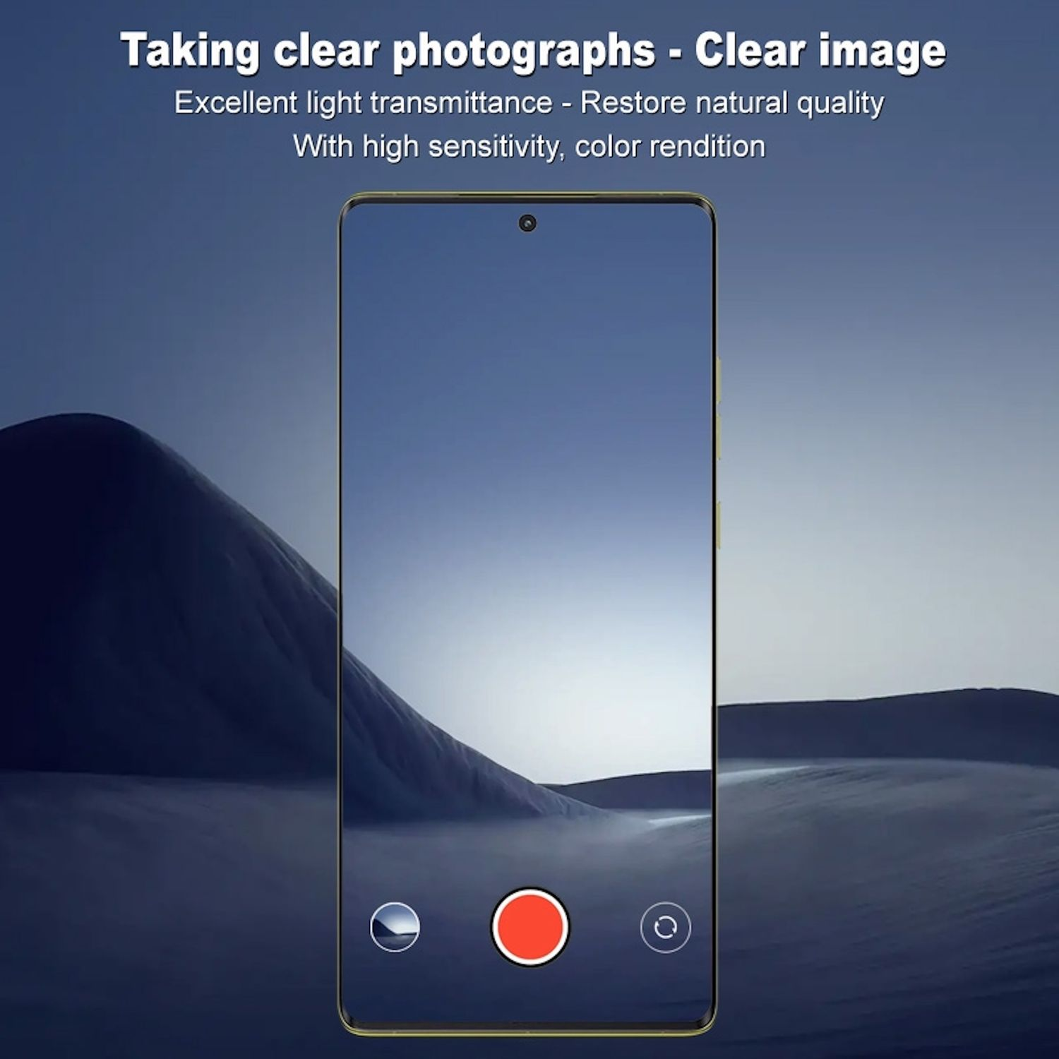 Smartphone-Bildschirm, der ein Bild eines blauen Himmels mit roter Aufnahmetaste anzeigt.