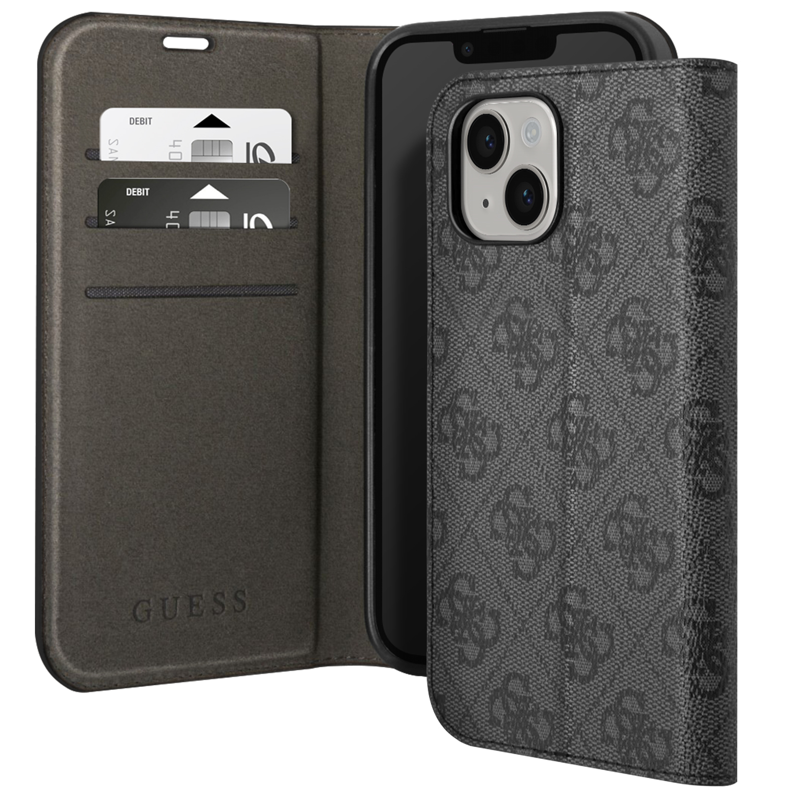 Una custodia per telefono con carte e un telefono, con un logo Guess su sfondo bianco.