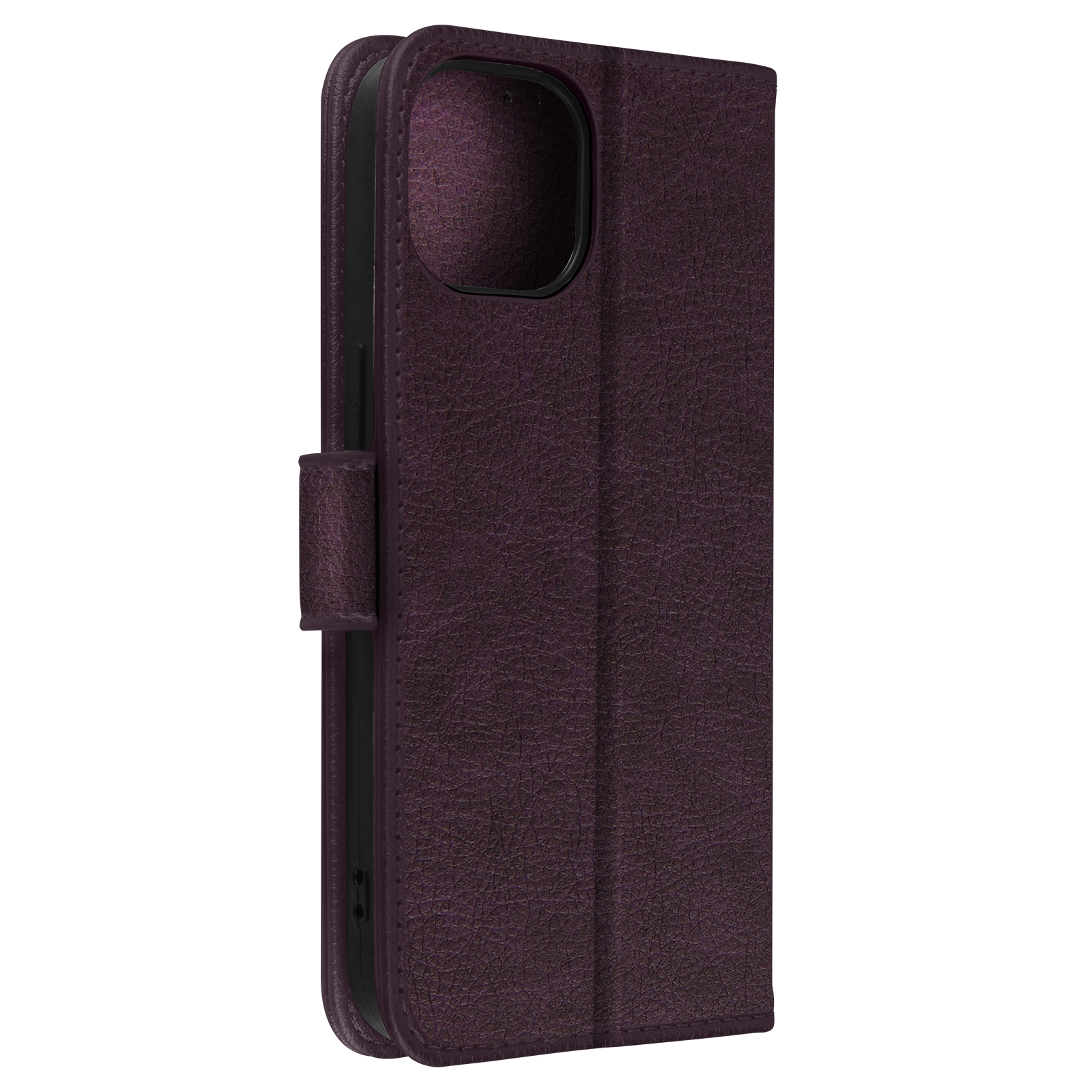 Custodia per telefono viola, chiusa, con chiusura magnetica, su sfondo bianco.