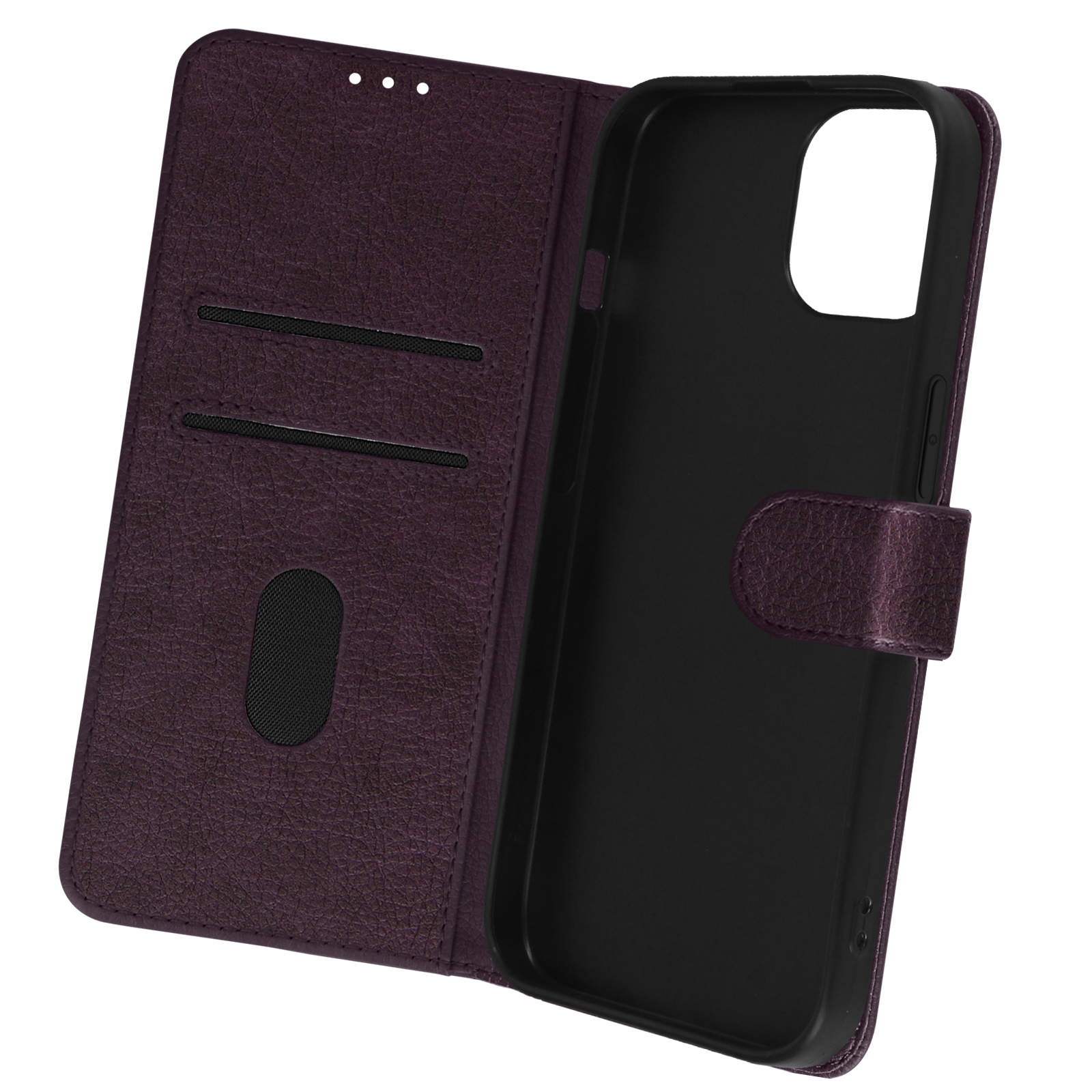 Una custodia per telefono viola, aperta per rivelare un interno nero. Ci sono fessure per carte e una chiusura magnetica.