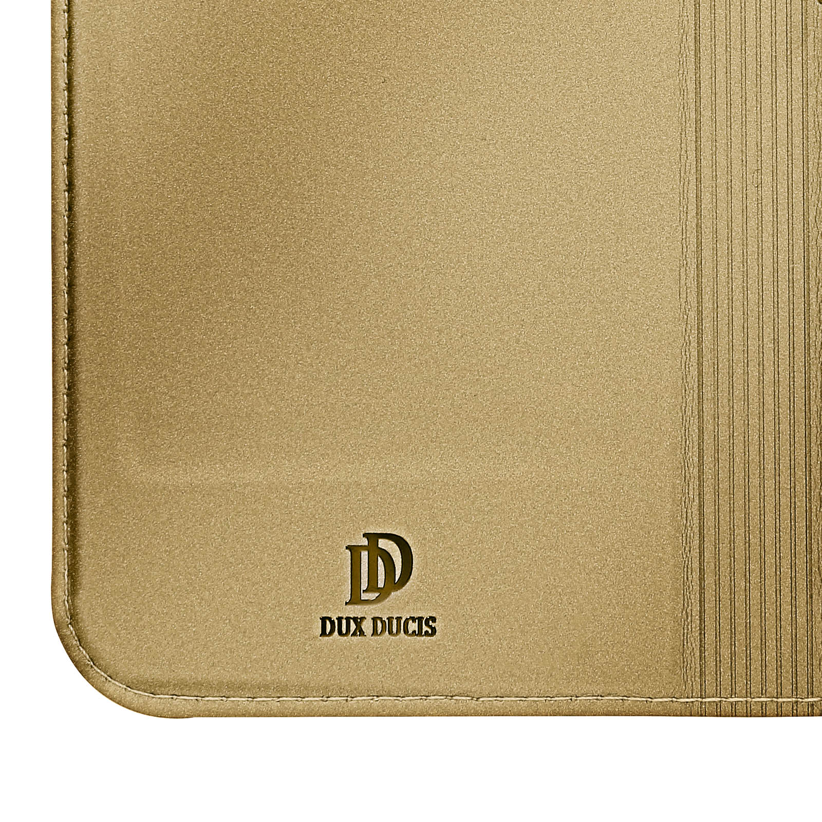 Un primo piano di una custodia per telefono color oro. Il logo DUX DUCIS è visibile.