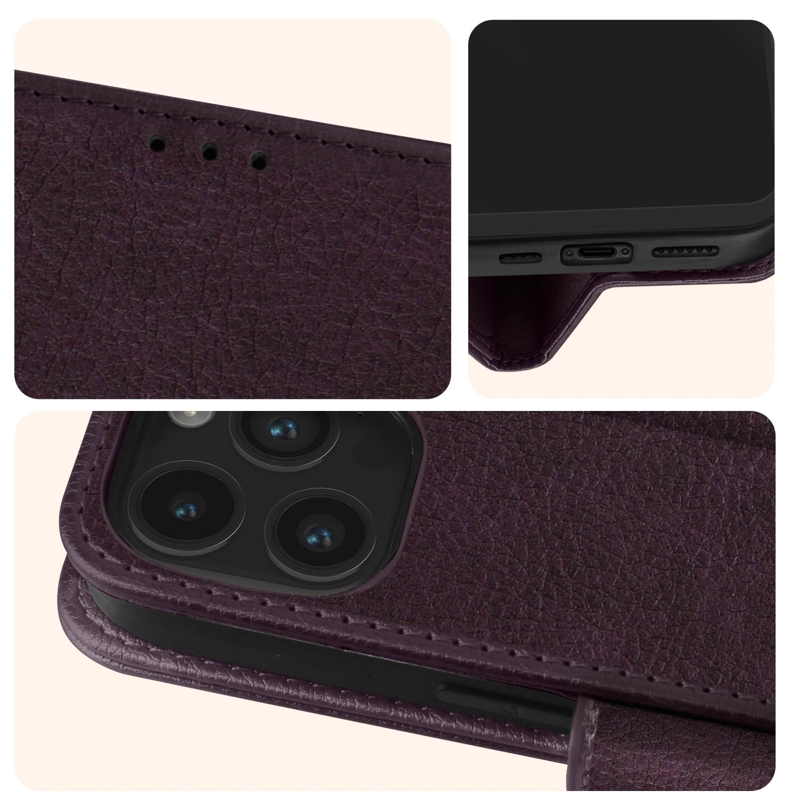Dettaglio custodia viola, che mostra ritagli fotocamera, pulsanti e pelle strutturata.