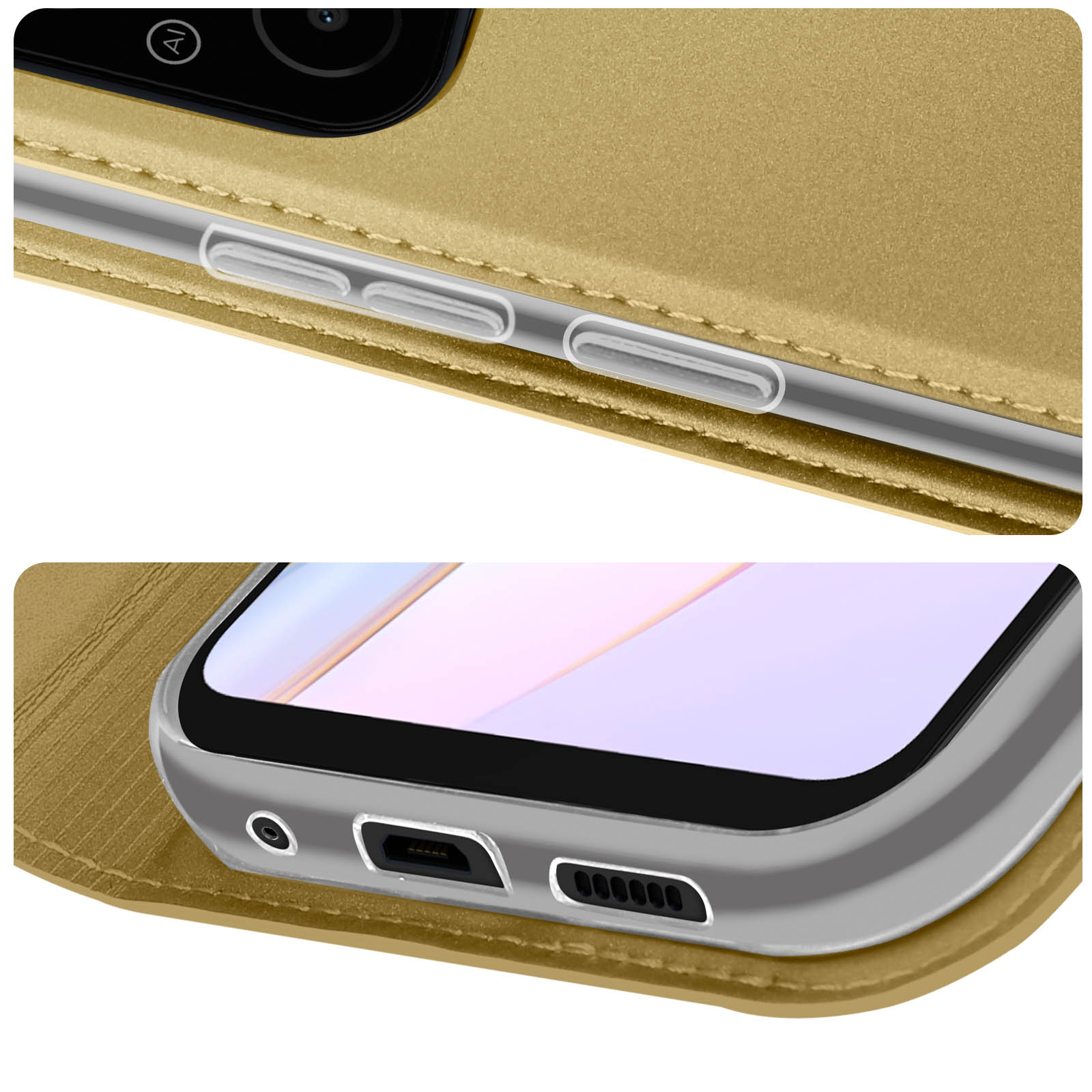 Primo piano di una custodia per telefono. Sono visibili pulsanti e una porta di ricarica. Colore oro metallizzato.