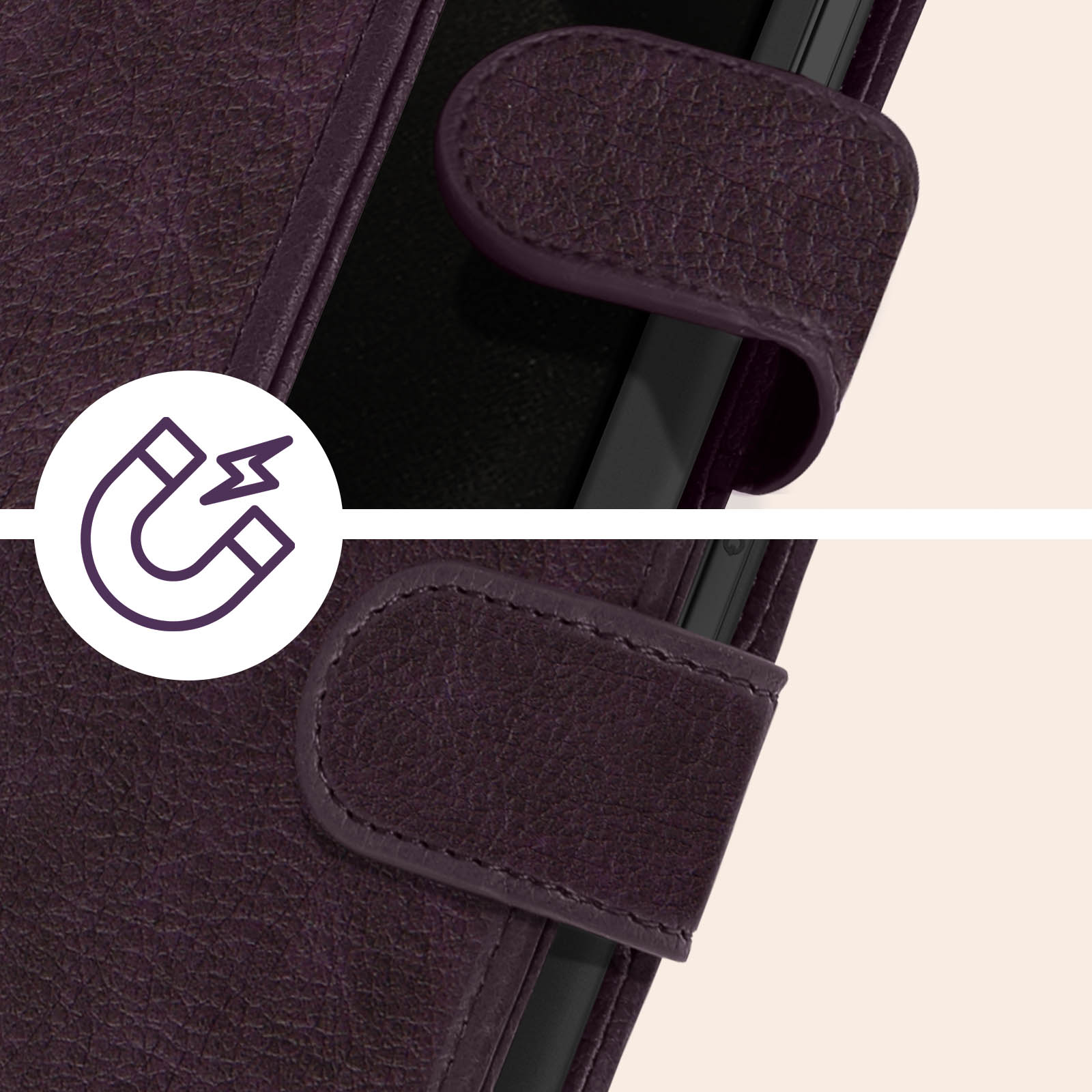 Primo piano di una custodia per telefono viola con chiusura magnetica, che mostra il simbolo del magnete.