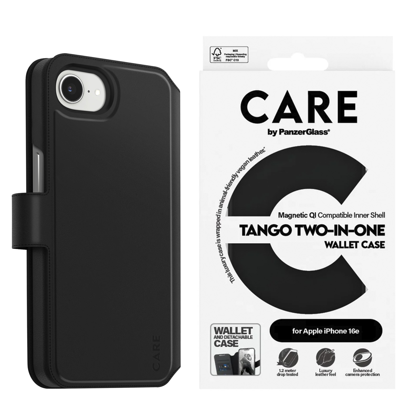 Custodia per telefono nera con portafoglio e porta carte. Imballaggio bianco presente.