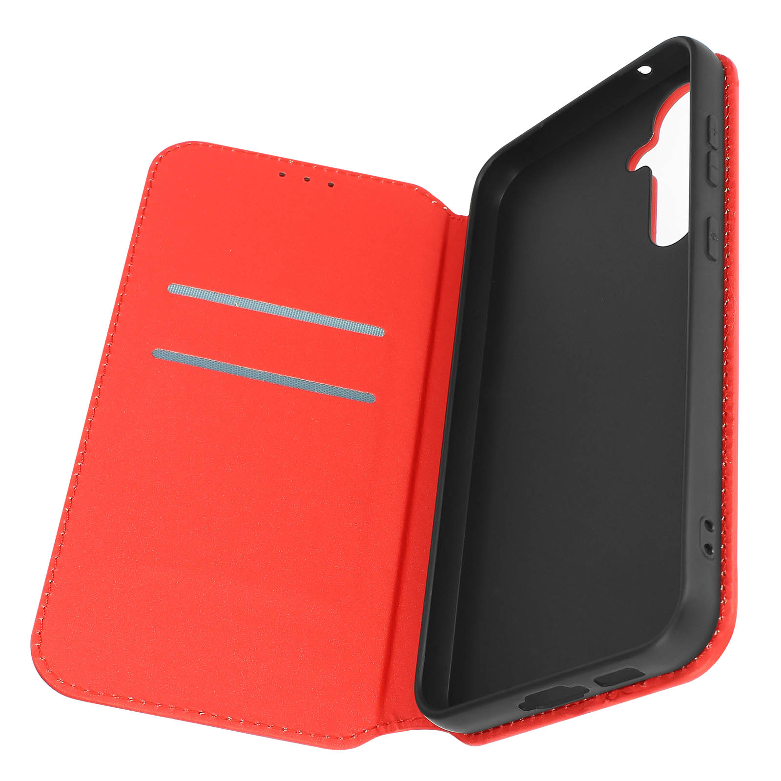 Custodia per telefono rossa, aperta, che rivela l'interno nero e le fessure per carte. Bordi cuciti visibili.