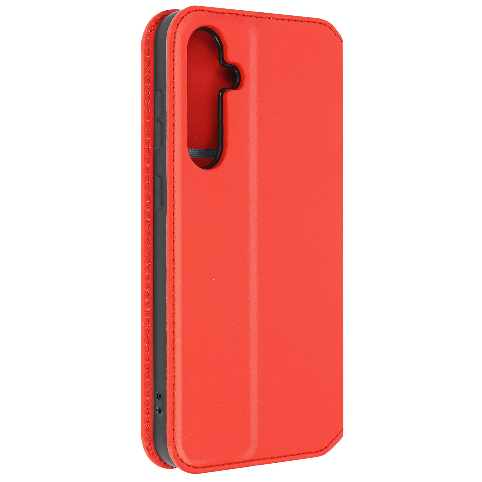 Custodia per telefono rossa chiusa. La custodia ha una superficie liscia e un bordo scuro.