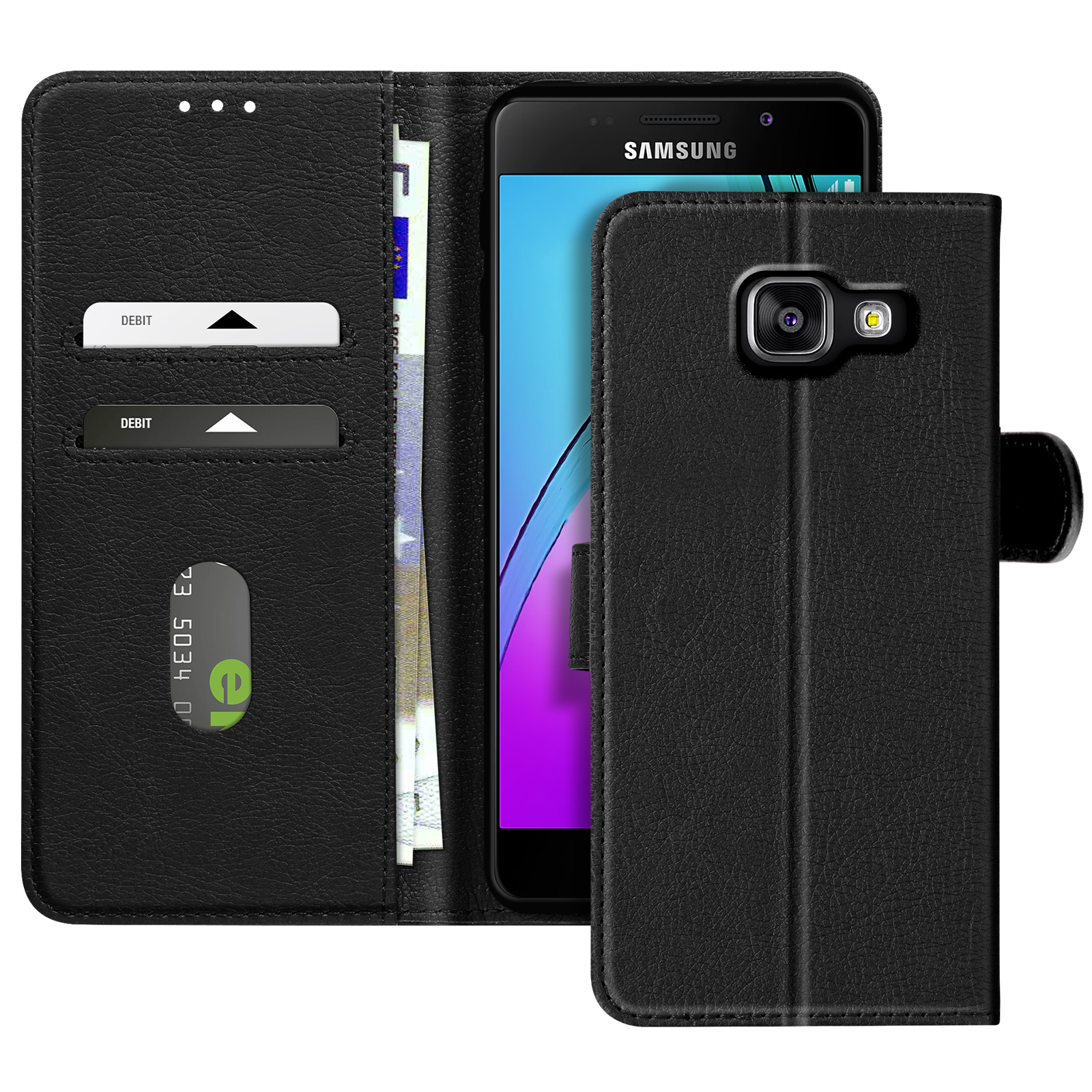Funda de teléfono negra, abierta, con teléfono y tarjetas visibles. Contiene tarjetas de débito, efectivo y un teléfono.