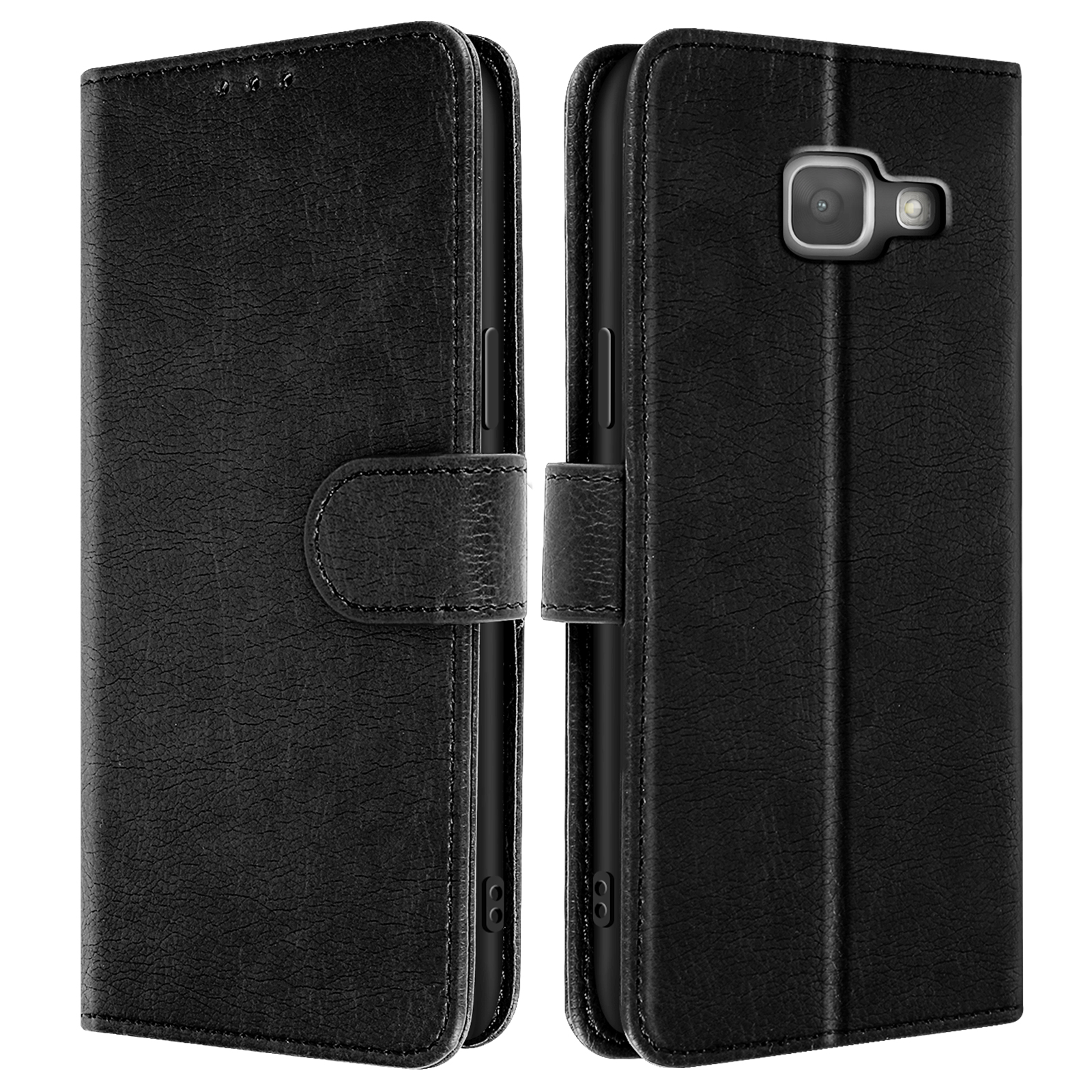 Funda de teléfono negra, abierta, mostrando un teléfono dentro. Tiene un cierre de botón y un recorte para la cámara.