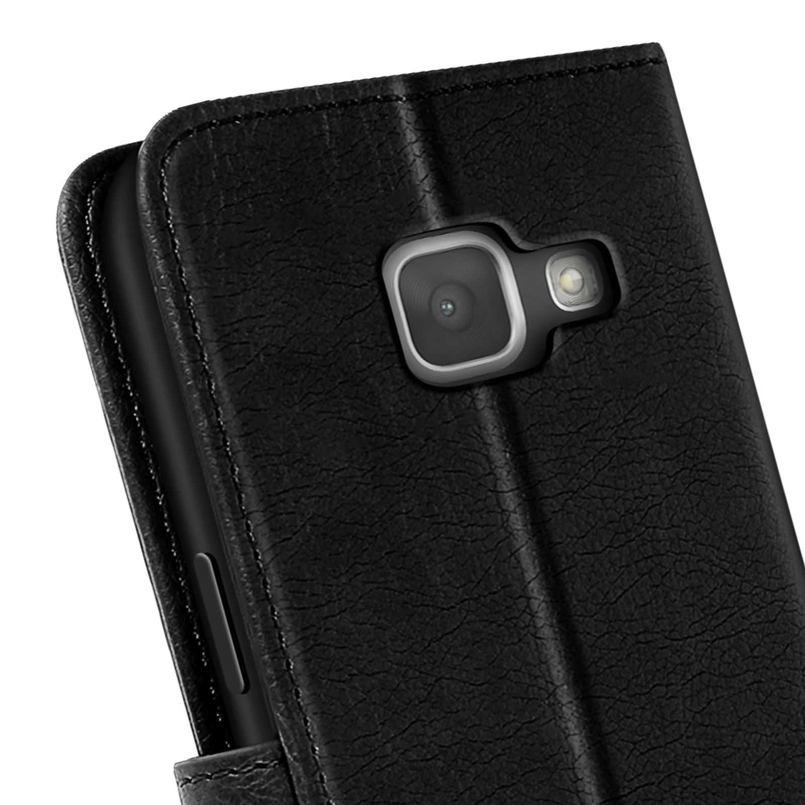 Funda negra para teléfono, mostrando el área de la cámara y parte del lateral.