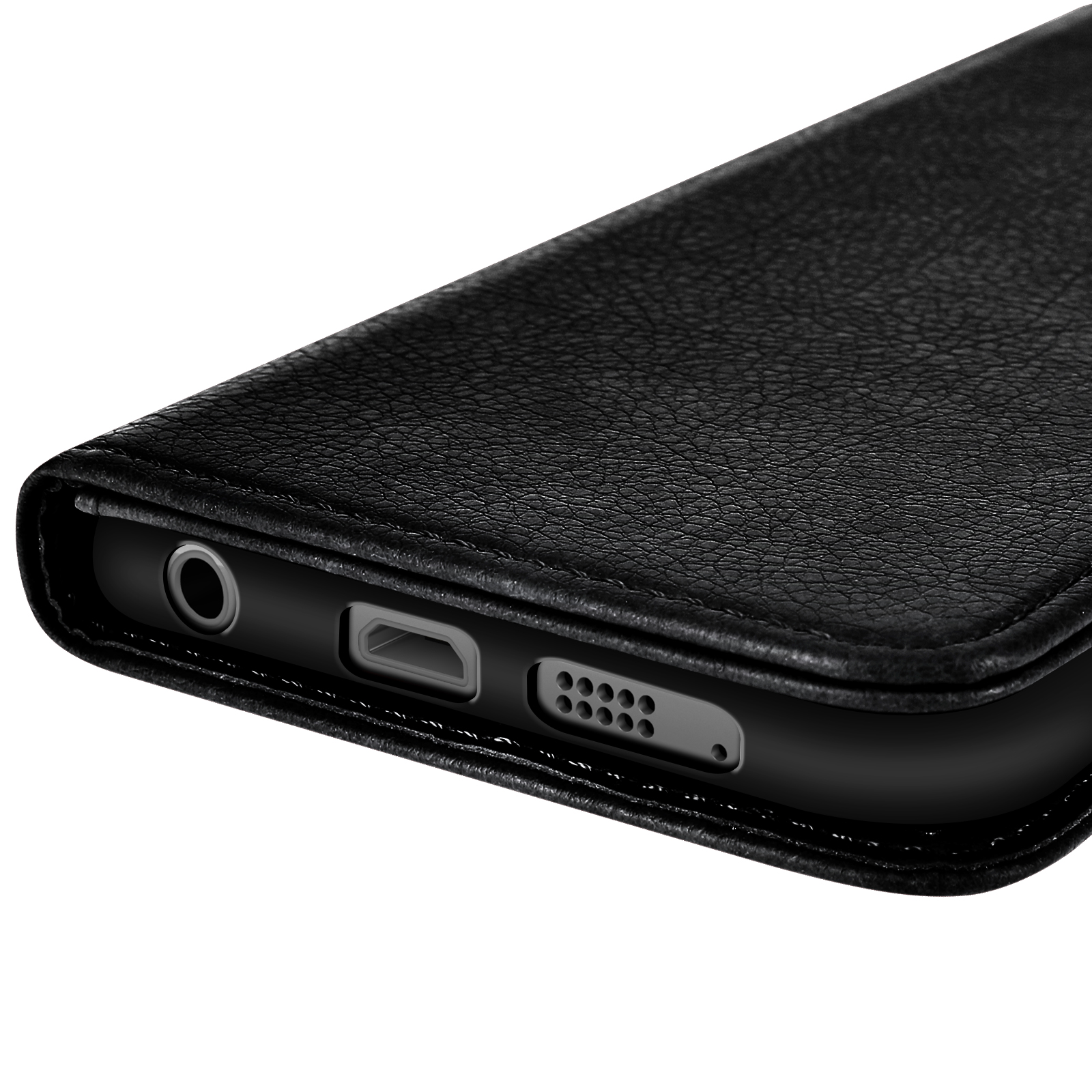 Funda de teléfono negra con puertos visibles: conector de auriculares, carga y altavoz.