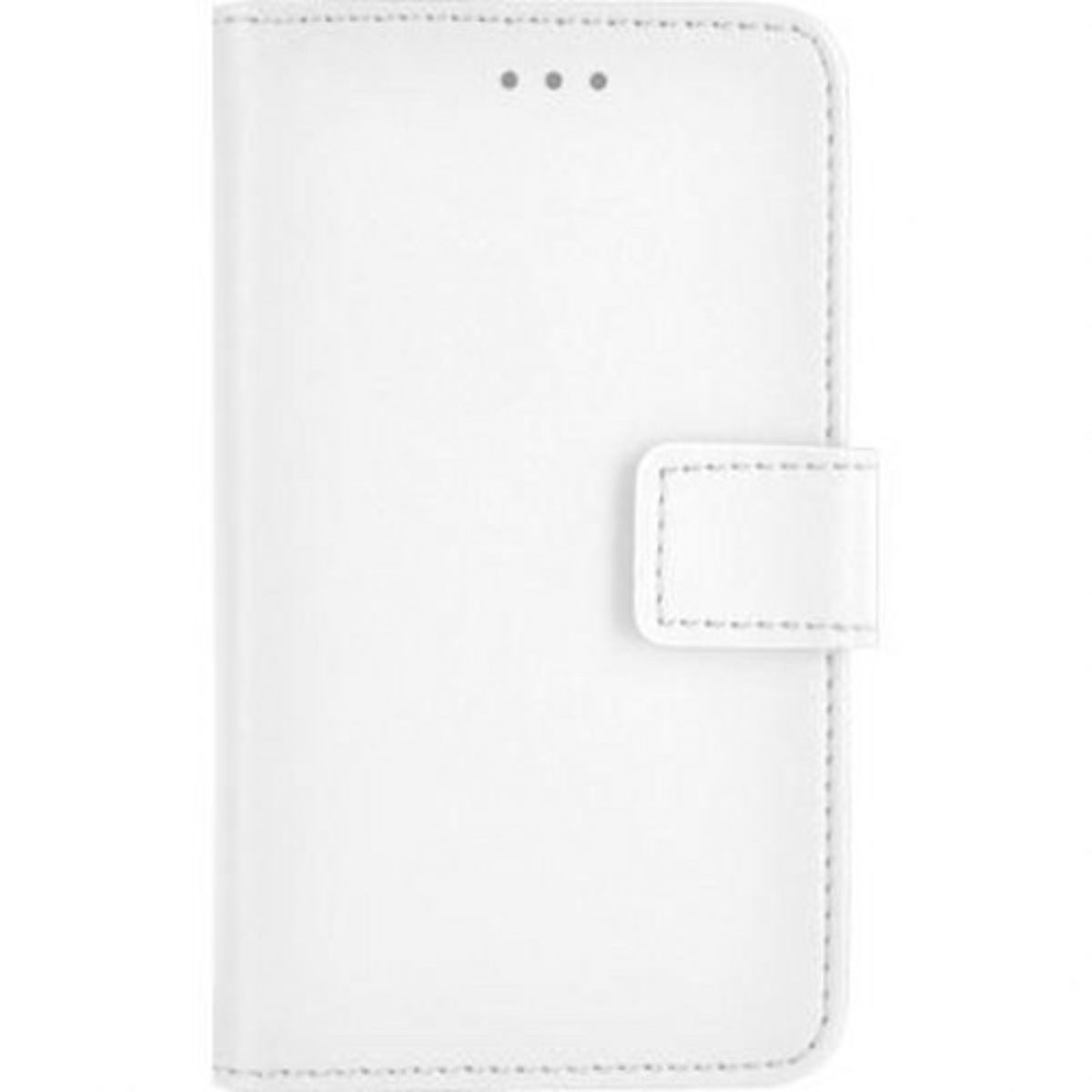Custodia bianca per telefono, chiusa, con una chiusura. Sfondo bianco.