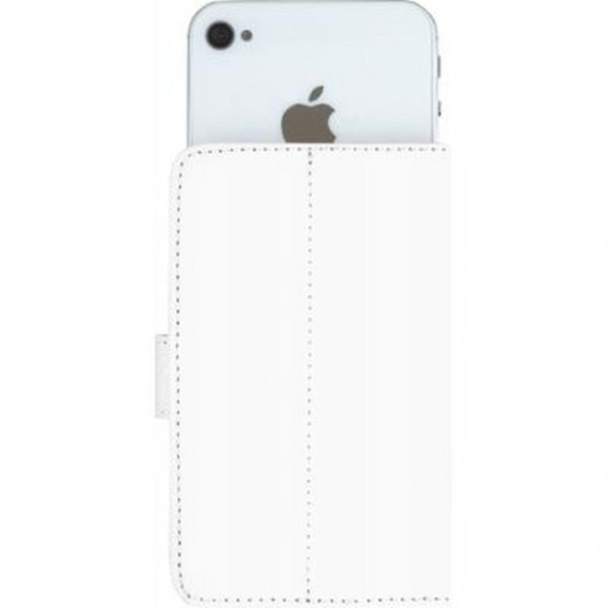 Custodia bianca con telefono all'interno. Logo Apple visibile.