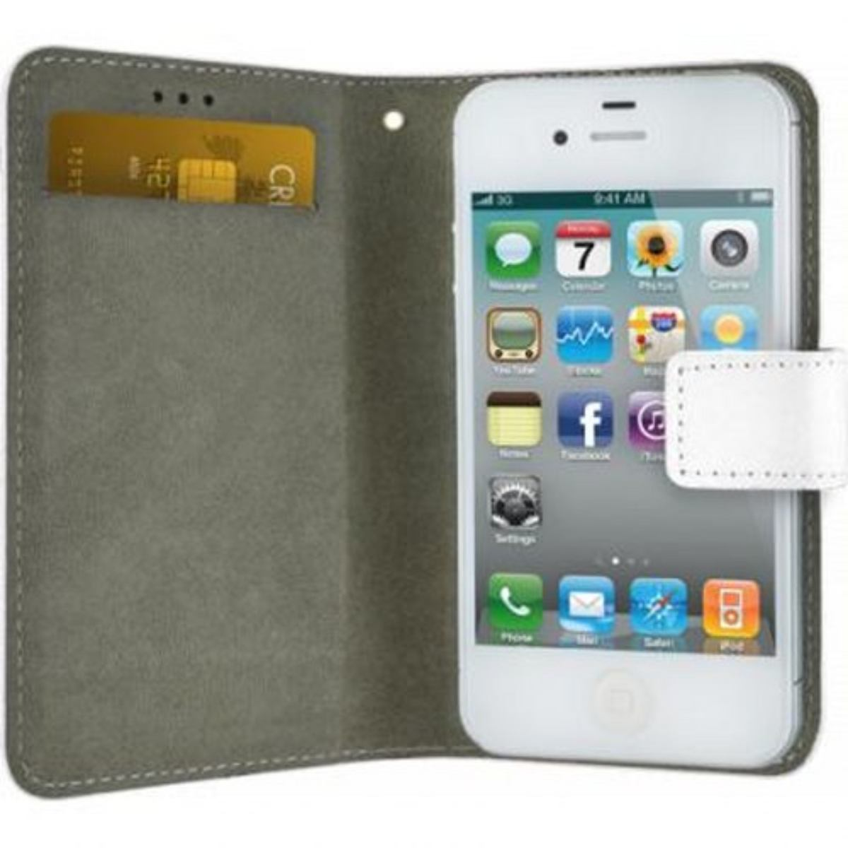 iPhone bianco in custodia grigia aperta, con carta di credito d'oro.