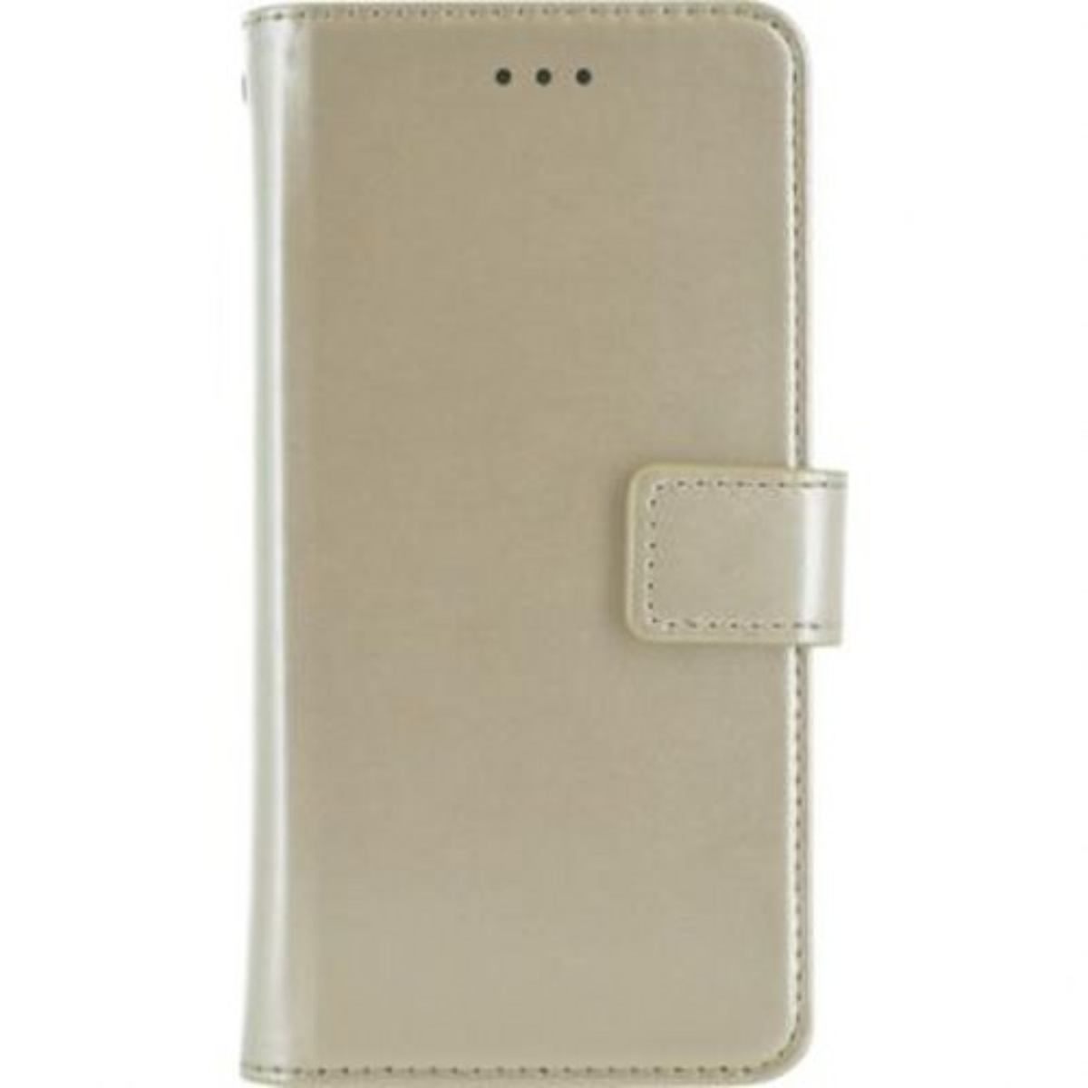 Una custodia per telefono beige con patta e chiusura magnetica.