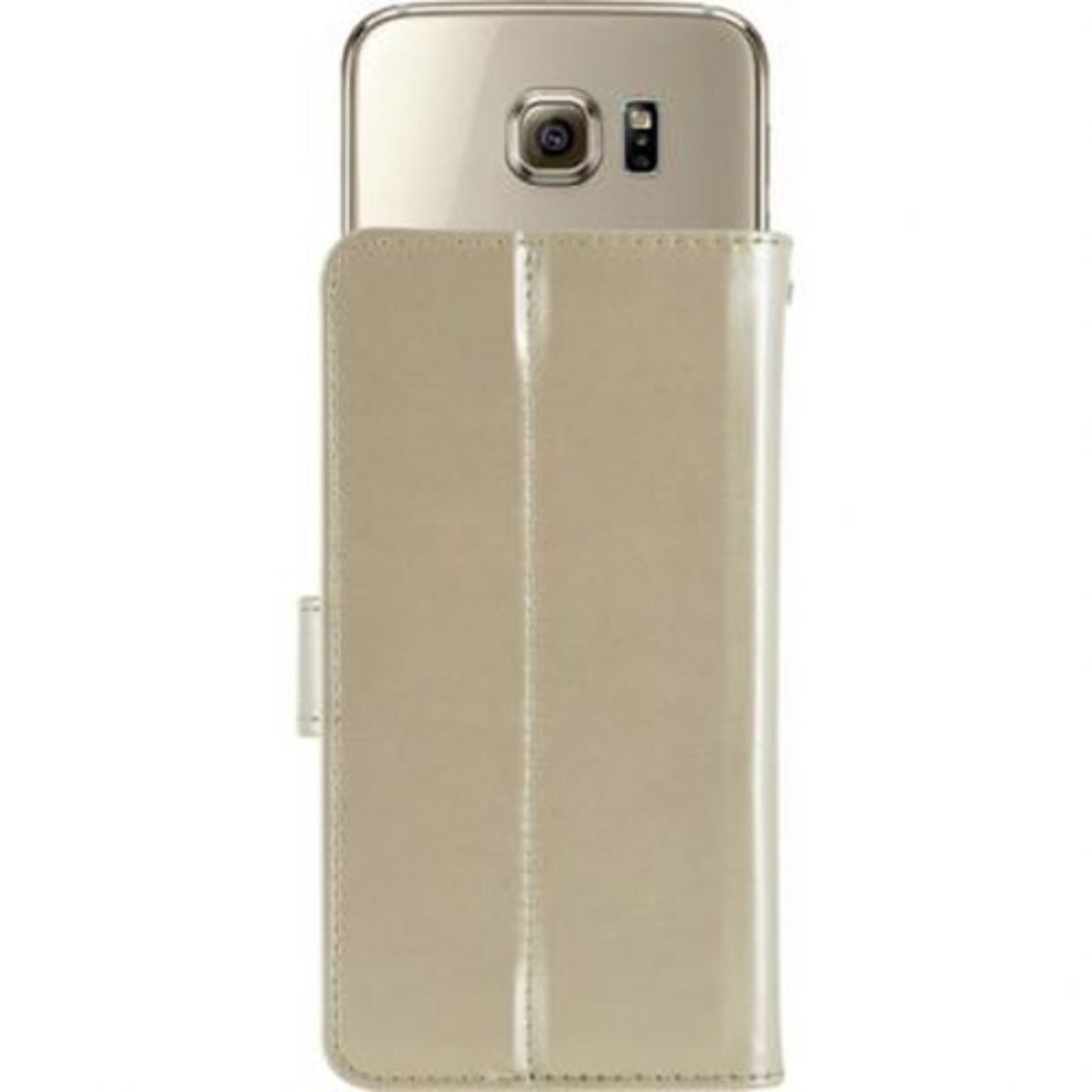Una custodia beige con un telefono all'interno, isolata su sfondo bianco.