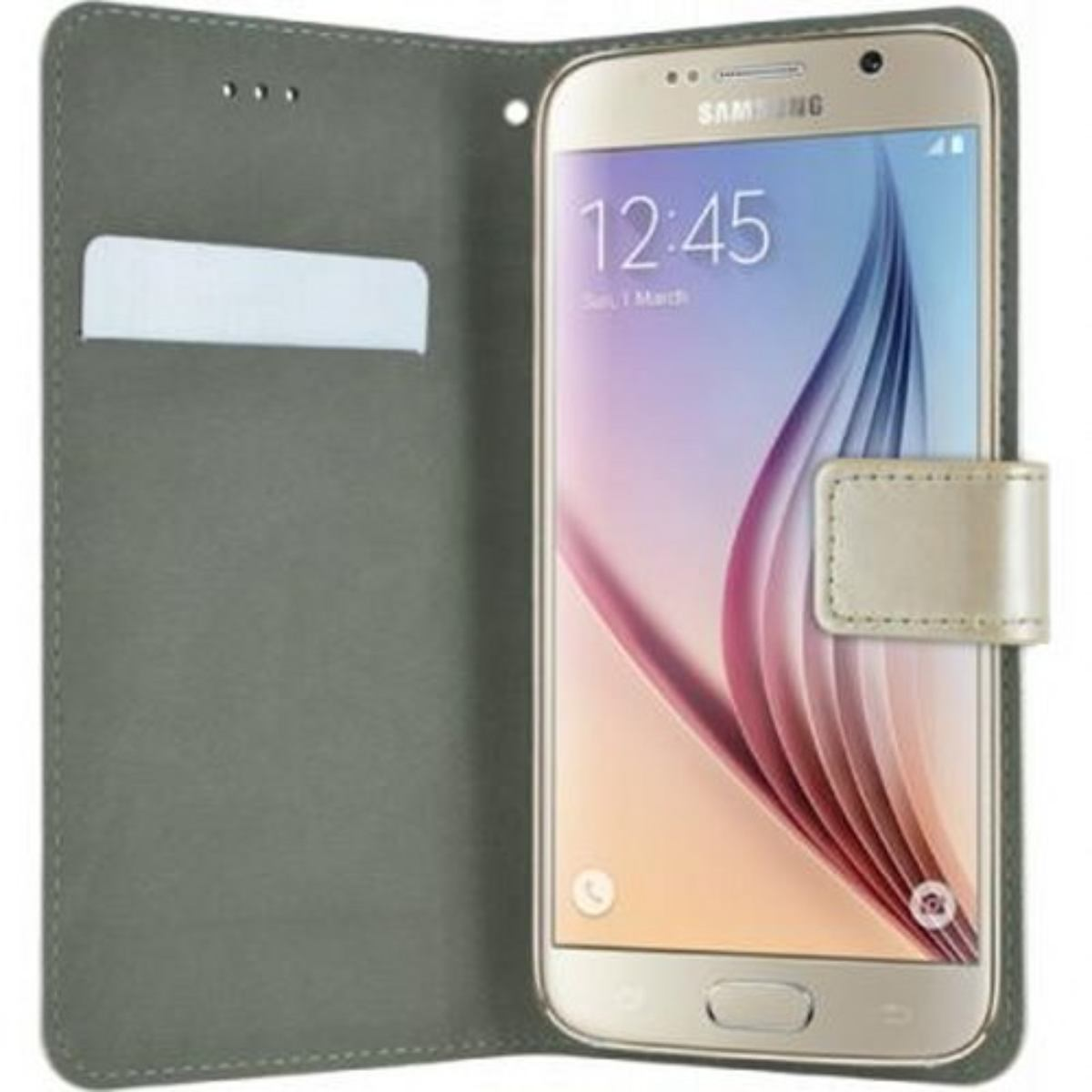 Un telefono Samsung dorato all'interno di una custodia grigia con chiusura.