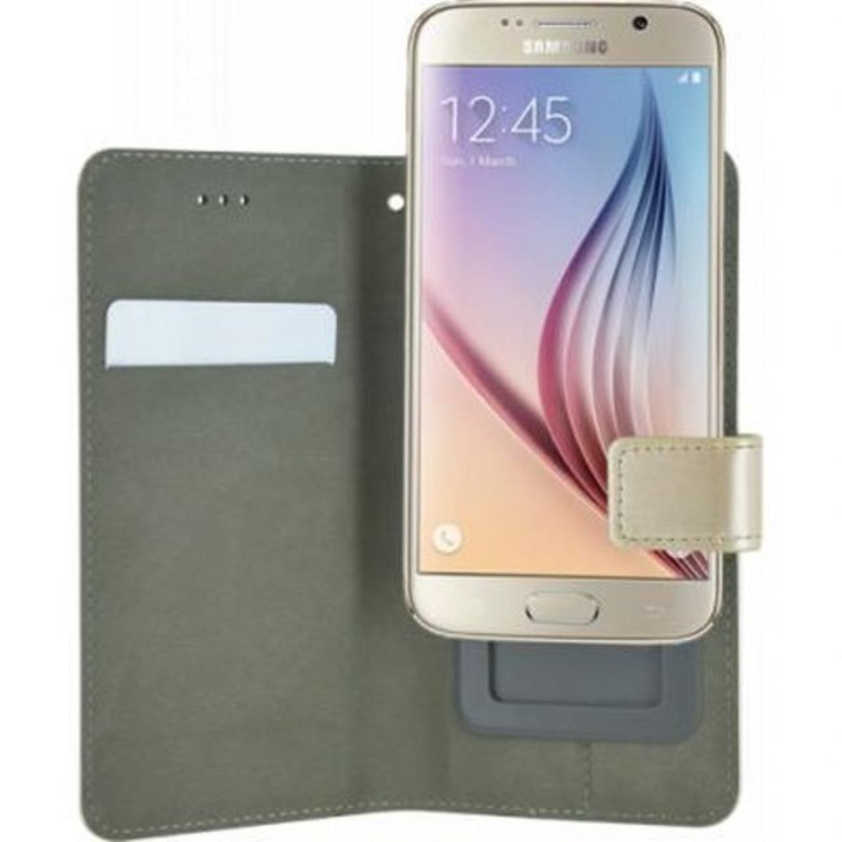 Smartphone dorato con custodia in pelle aperta, che mostra lo schermo. È visibile uno slot per schede.