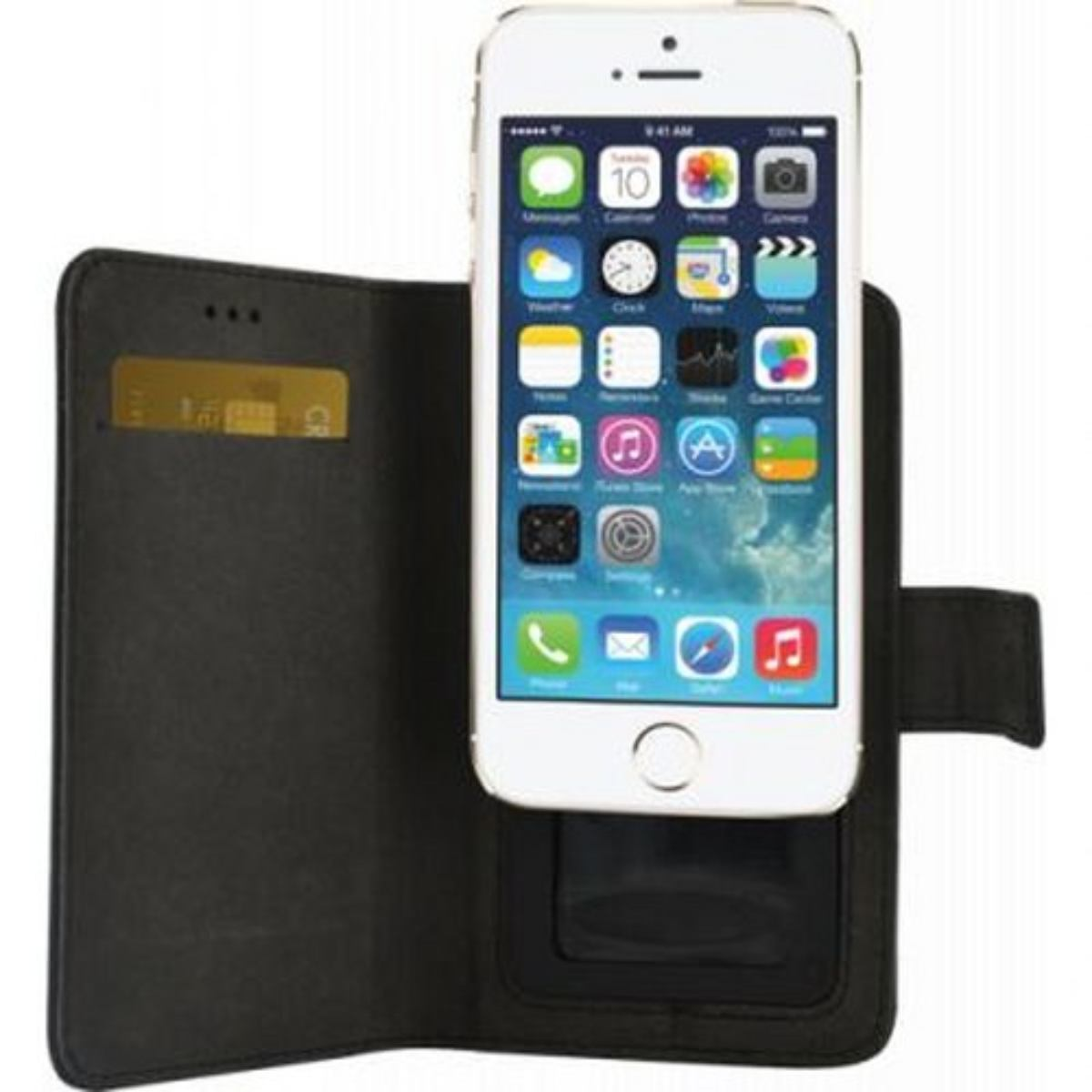 iPhone bianco in una custodia a portafoglio nera con carta oro.