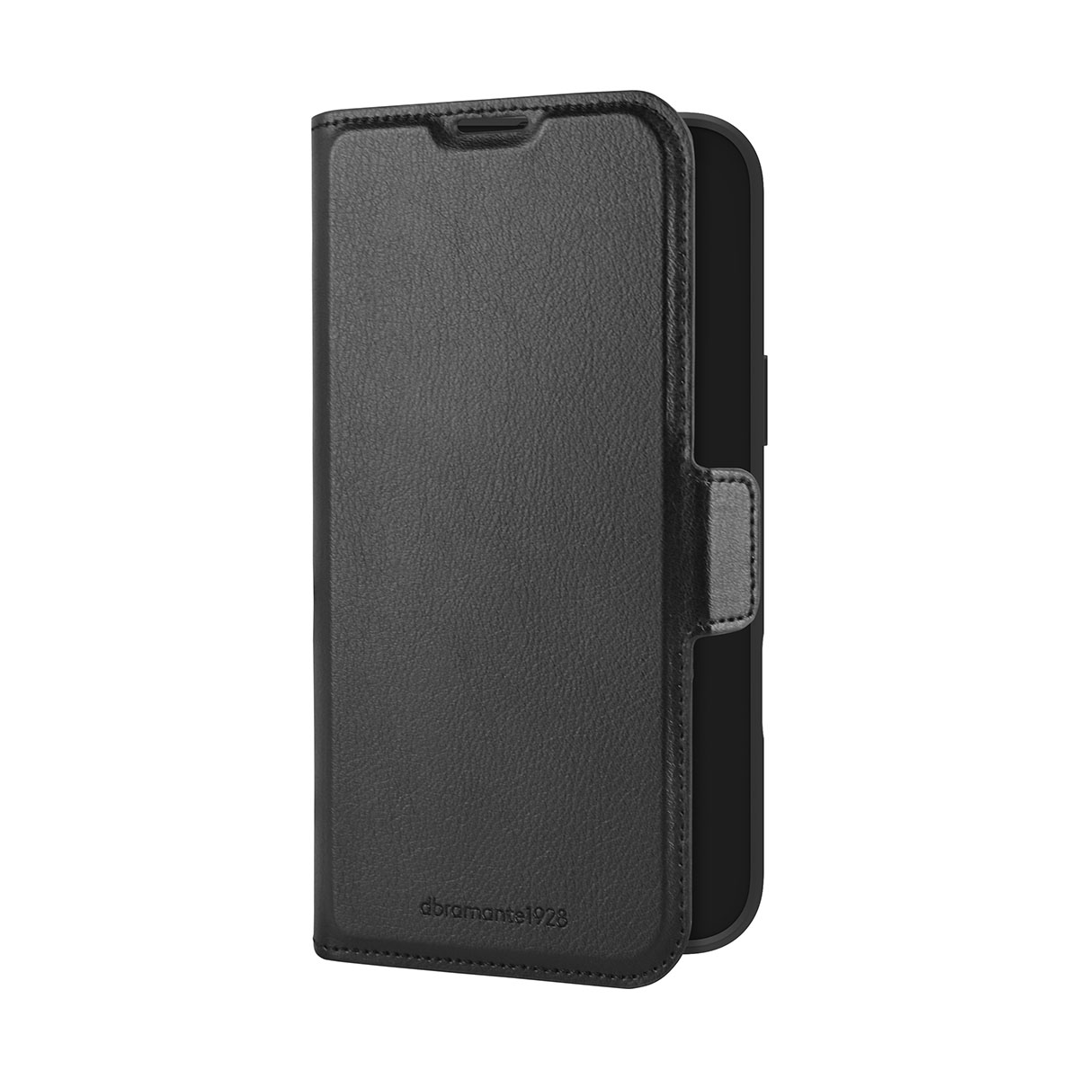 Custodia per telefono nera chiusa. La custodia ha una superficie liscia e una chiusura magnetica.