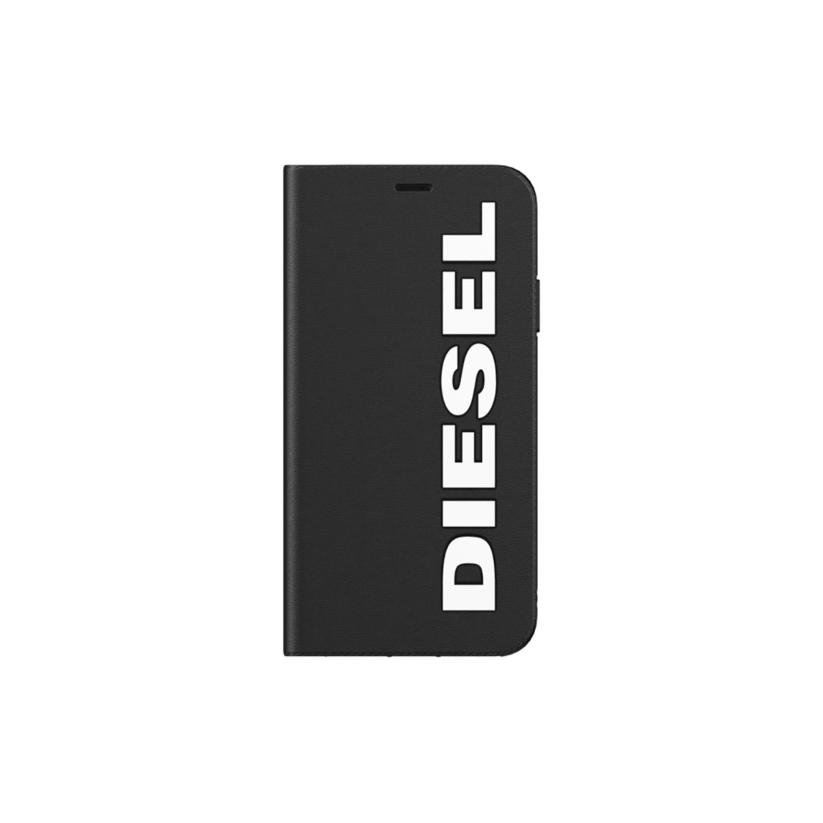 Custodia per telefono nera con testo DIESEL bianco. Sfondo bianco. La custodia è chiusa.