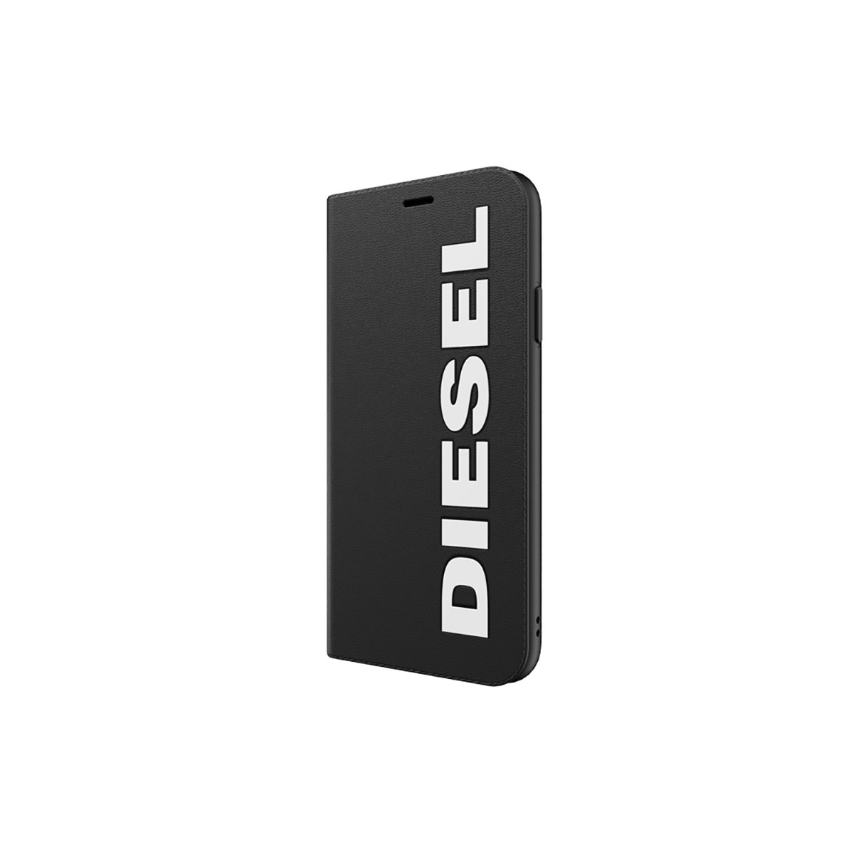 Custodia nera per telefono con la parola DIESEL in bianco. Sfondo bianco.